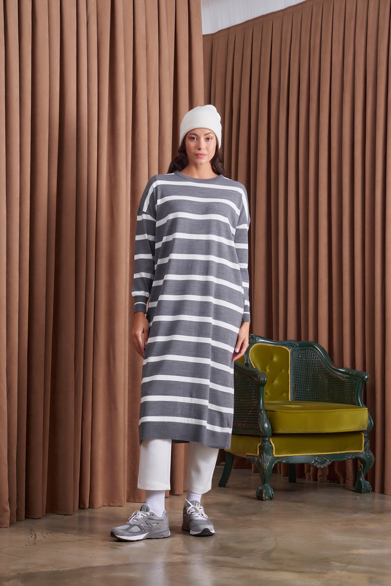 Qanu Basic Çizgili Triko Gri