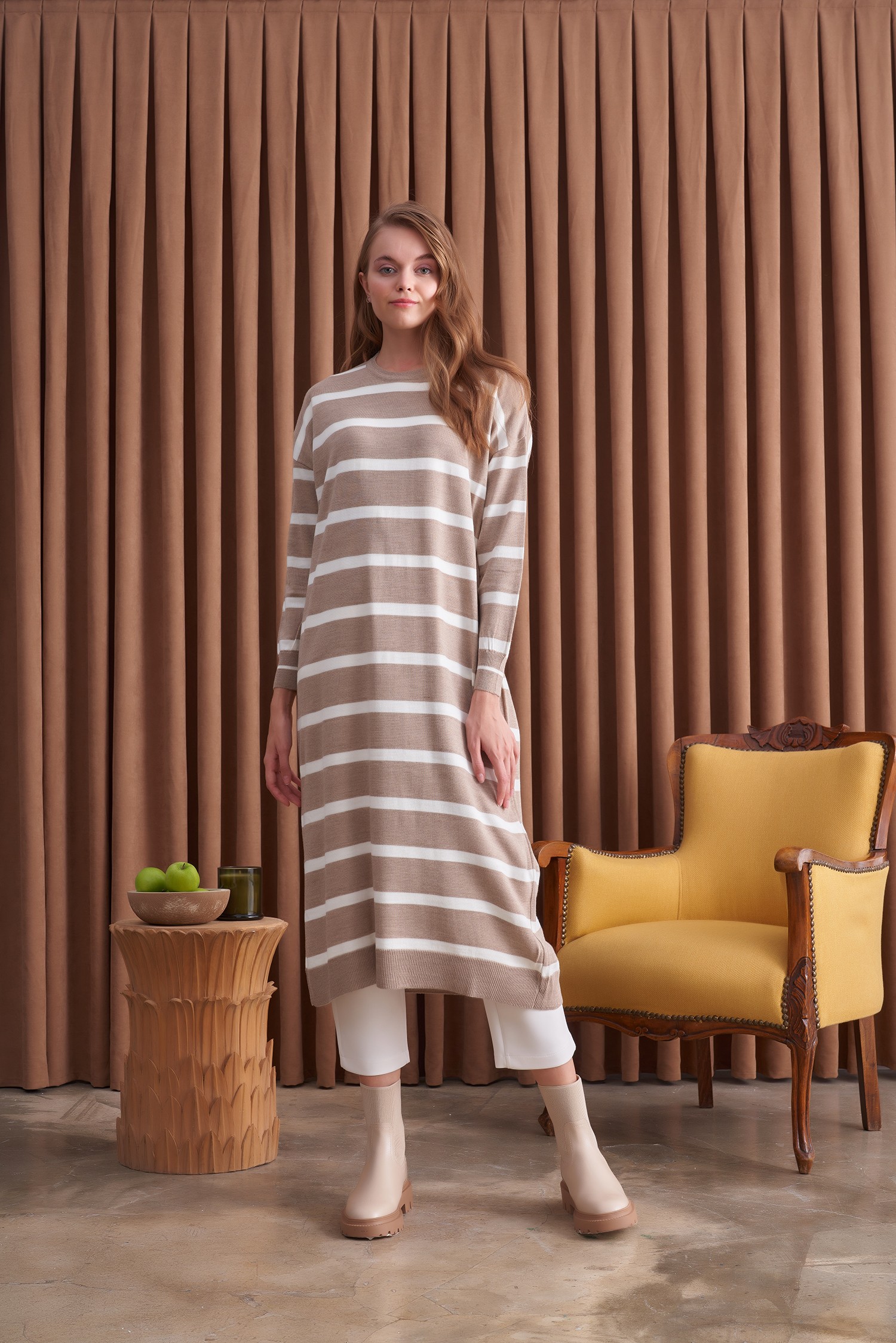 Qanu Basic Çizgili Triko Vizon