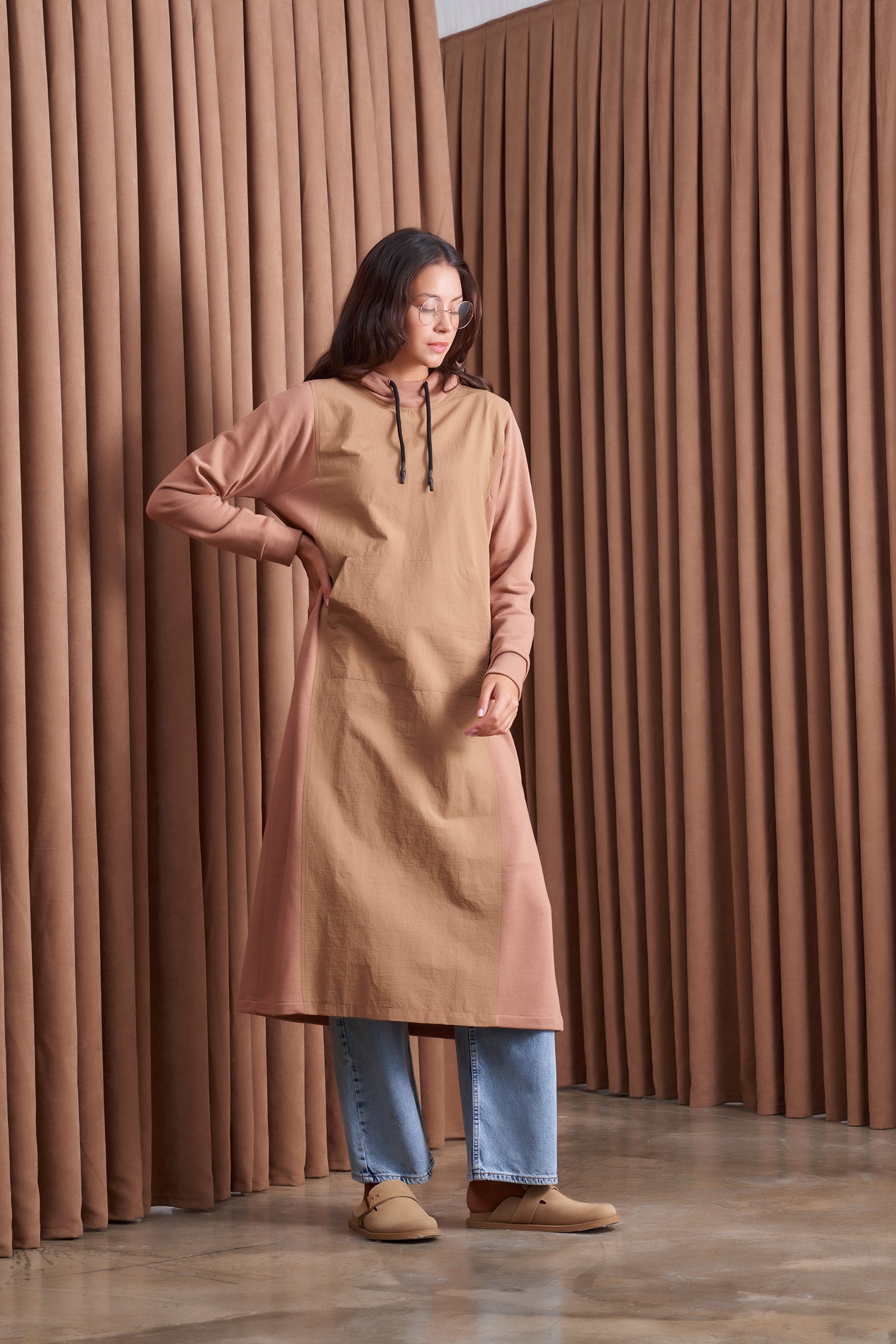 Qanu Garnili Uzun Sweatshirt Camel 