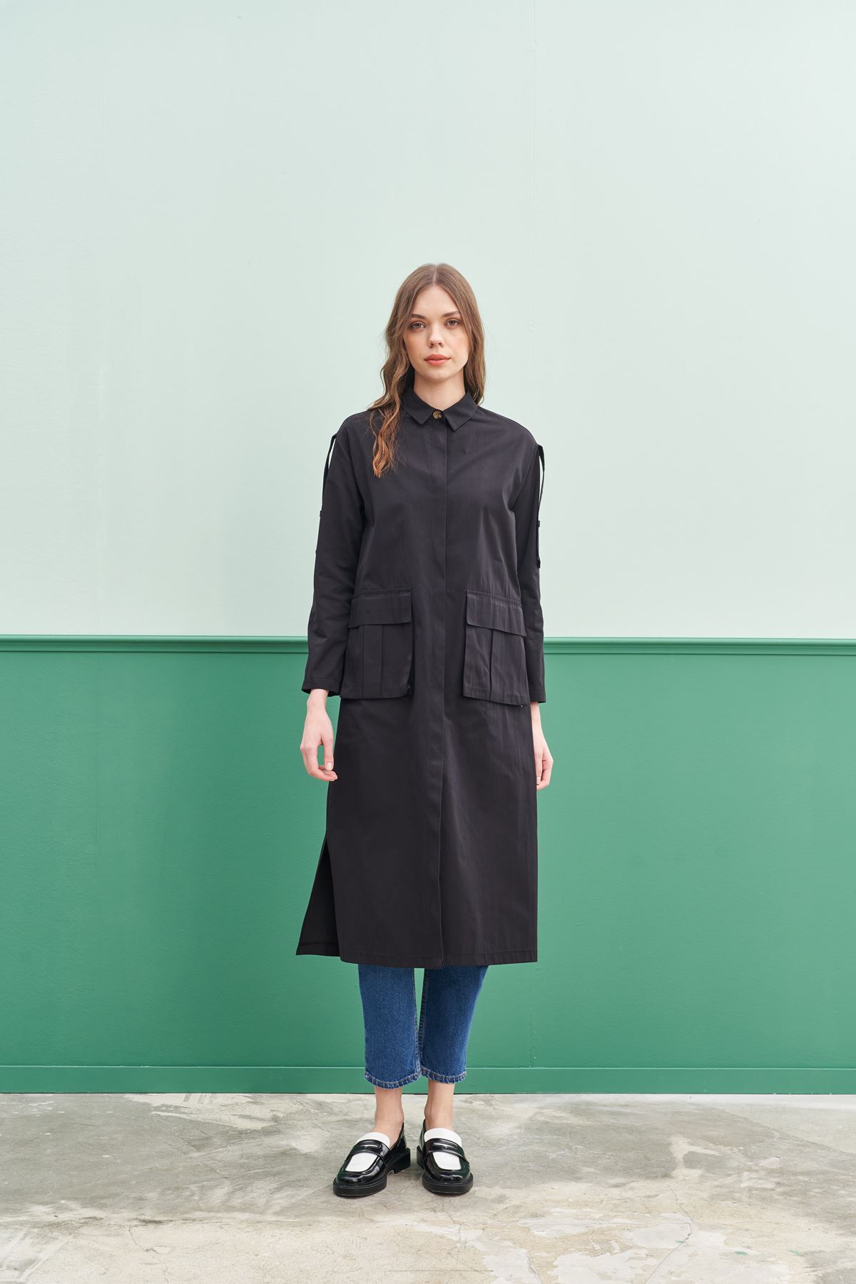 Qanu Körük Cepli Trençkot Siyah