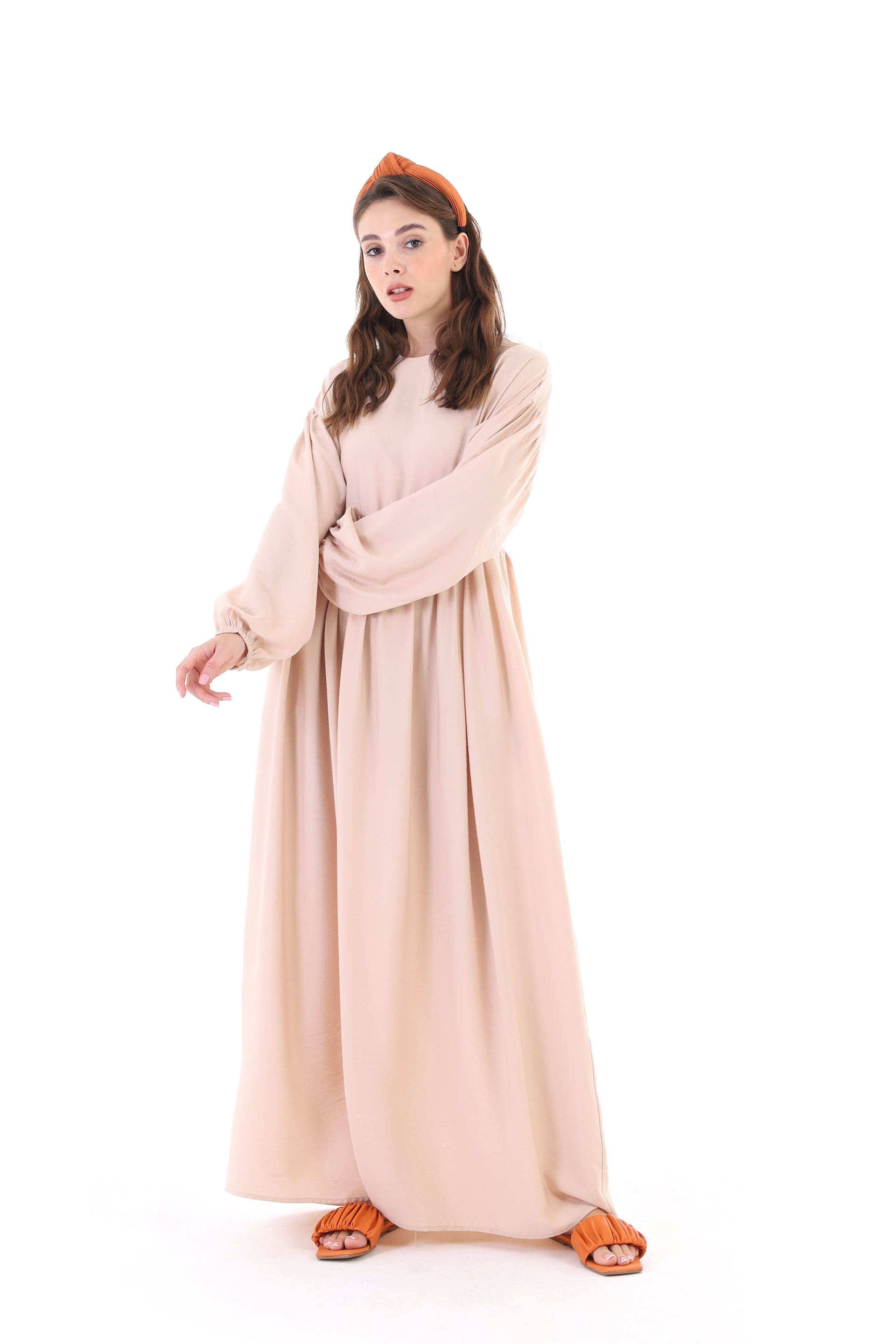 Qanu Natural Büzgülü Elbise Bej