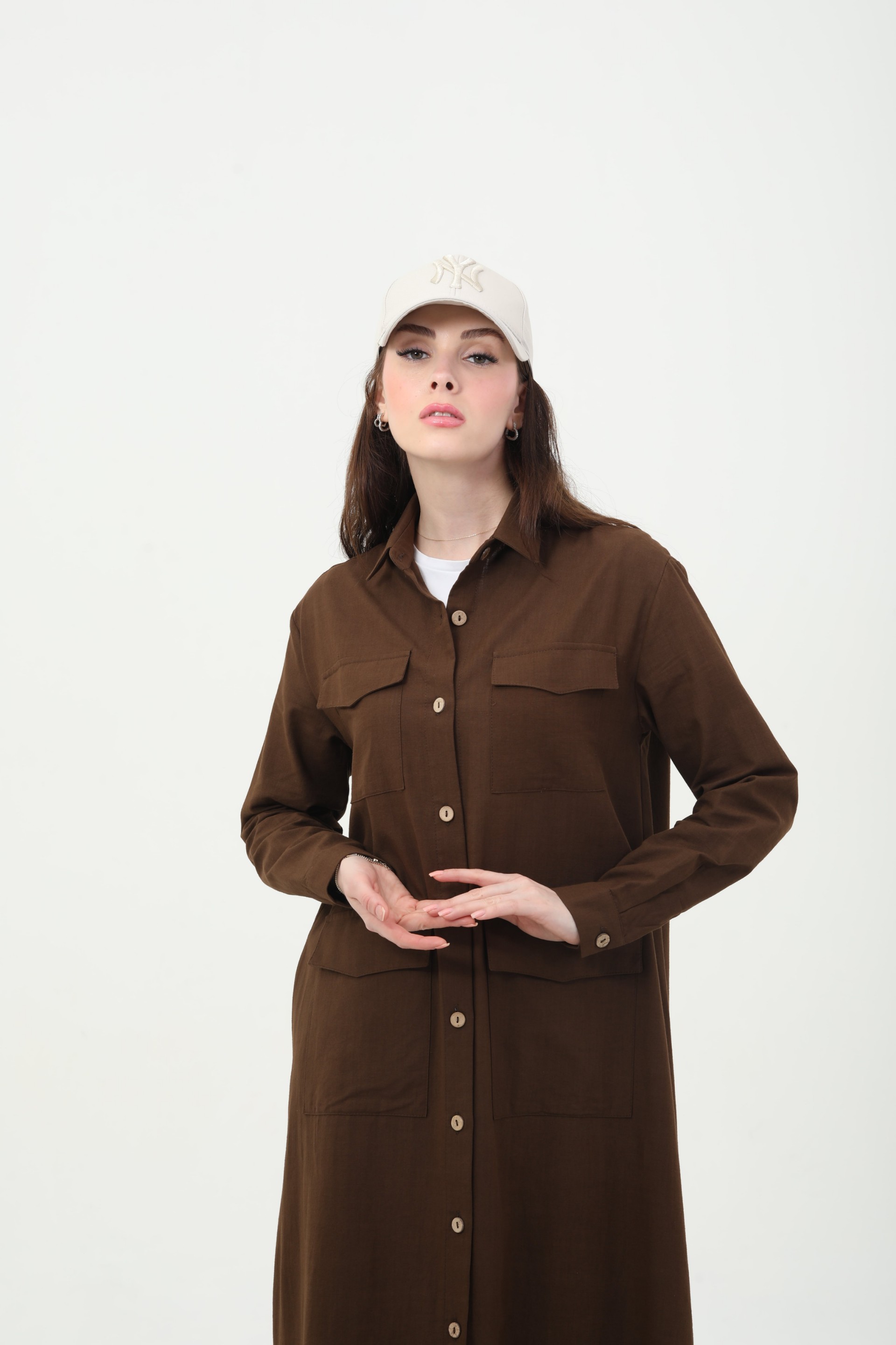 Qanu Uzun Keten Trençkot Kahverengi 