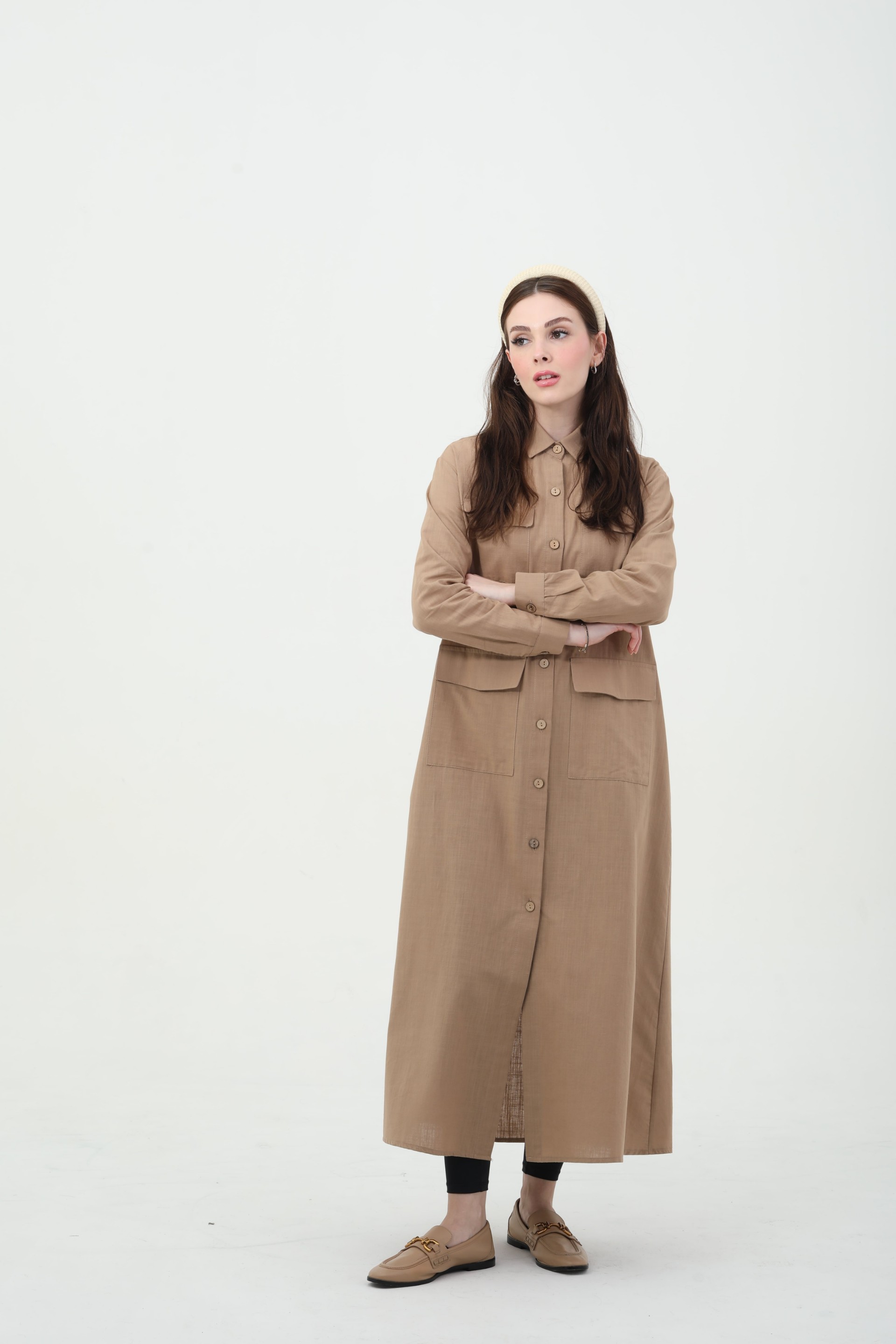 Qanu Uzun Keten Trençkot Vizon