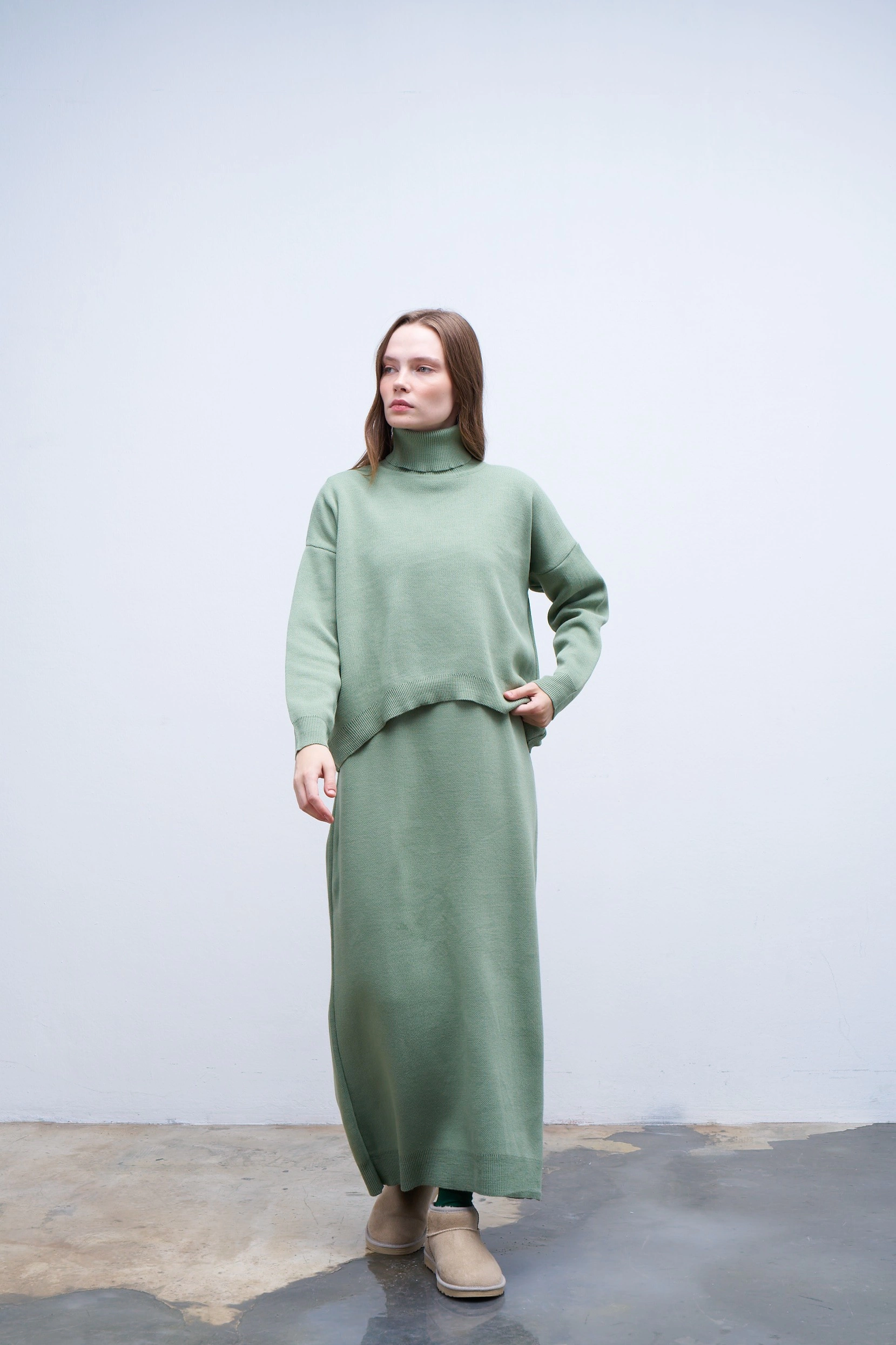 Qanu Ayben Triko Elbise Çağla Yeşili  