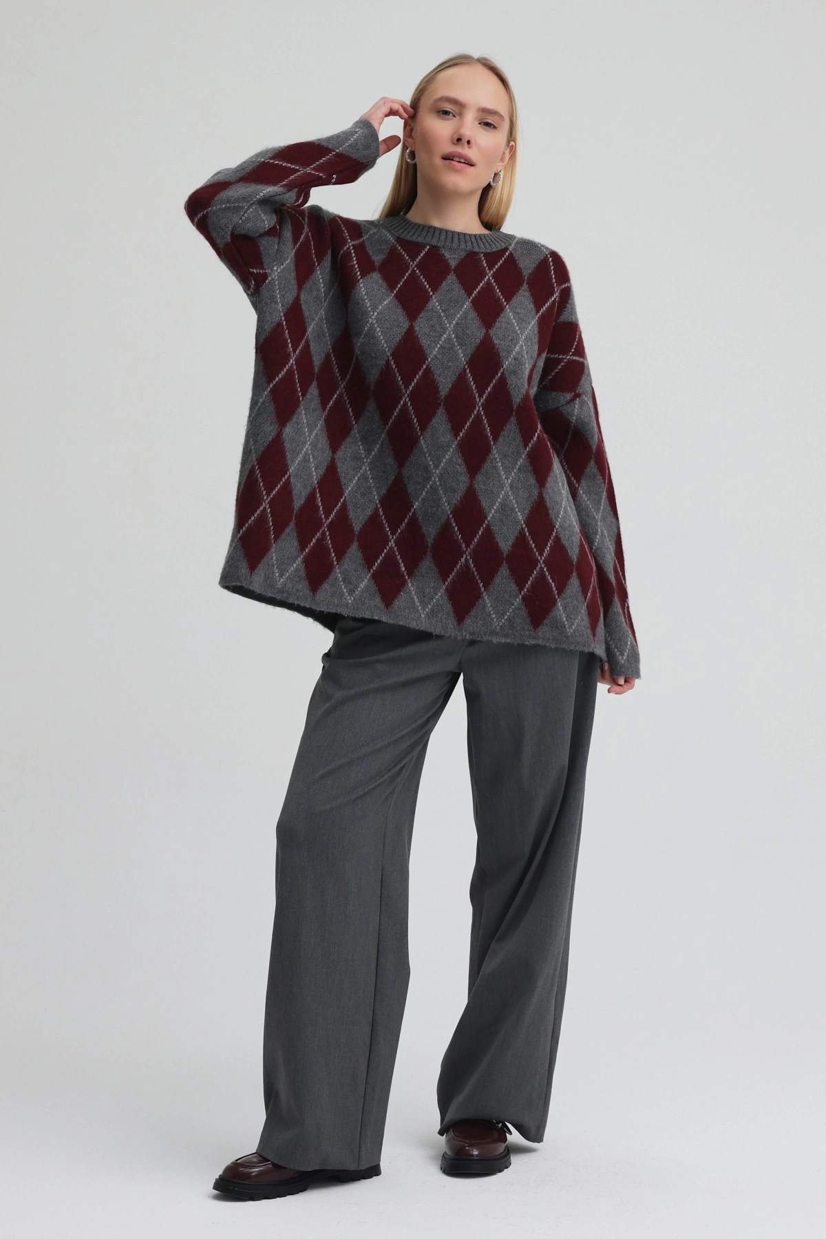 Qanu Argyle Triko Kazak Bordo - Tesettür Giyim