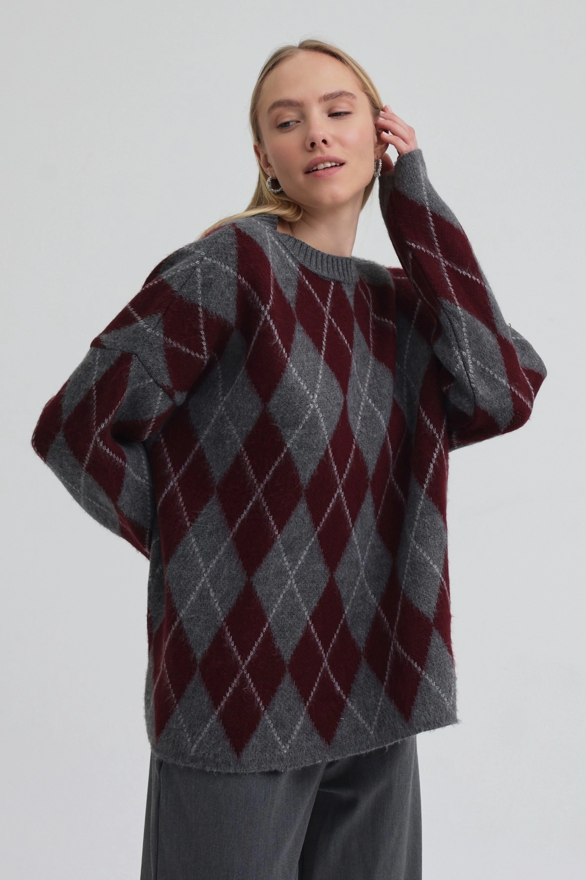 Qanu Argyle Triko Kazak Bordo - Tesettür Giyim