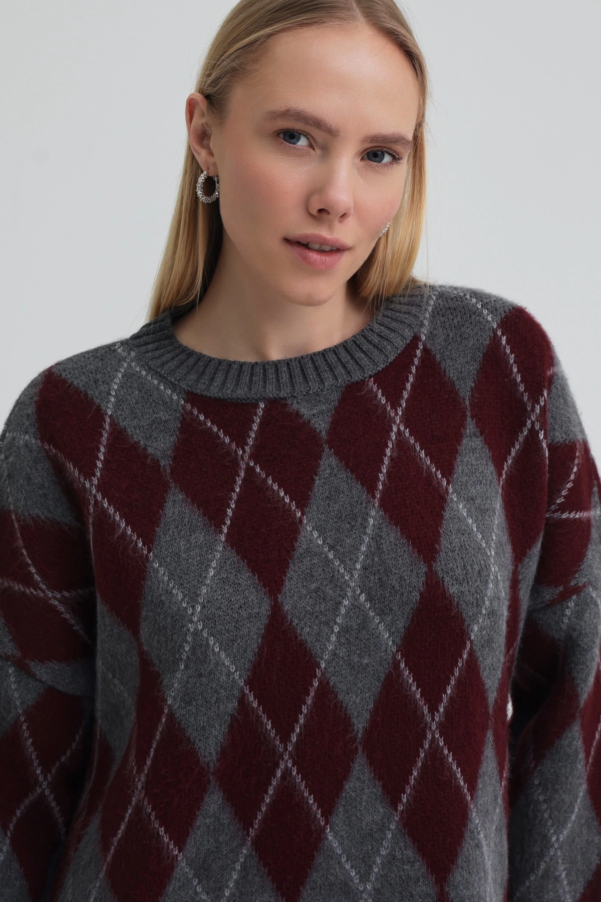 Qanu Argyle Triko Kazak Bordo - Tesettür Giyim