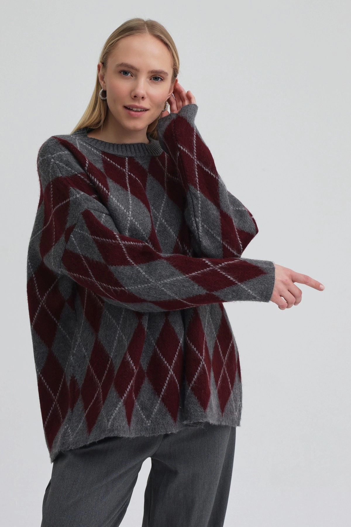 Qanu Argyle Triko Kazak Bordo - Tesettür Giyim