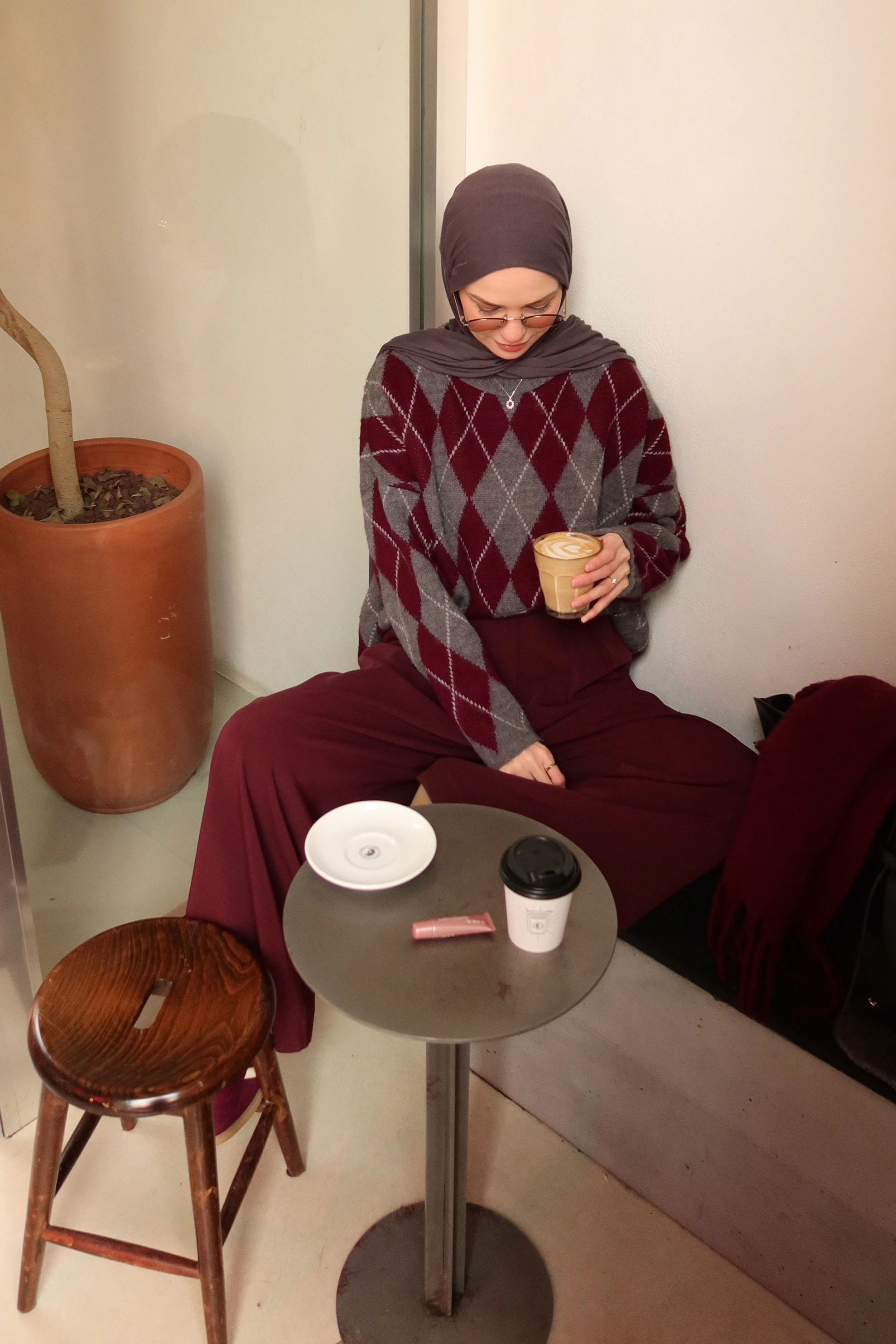 Qanu Argyle Triko Kazak Bordo - Tesettür Giyim