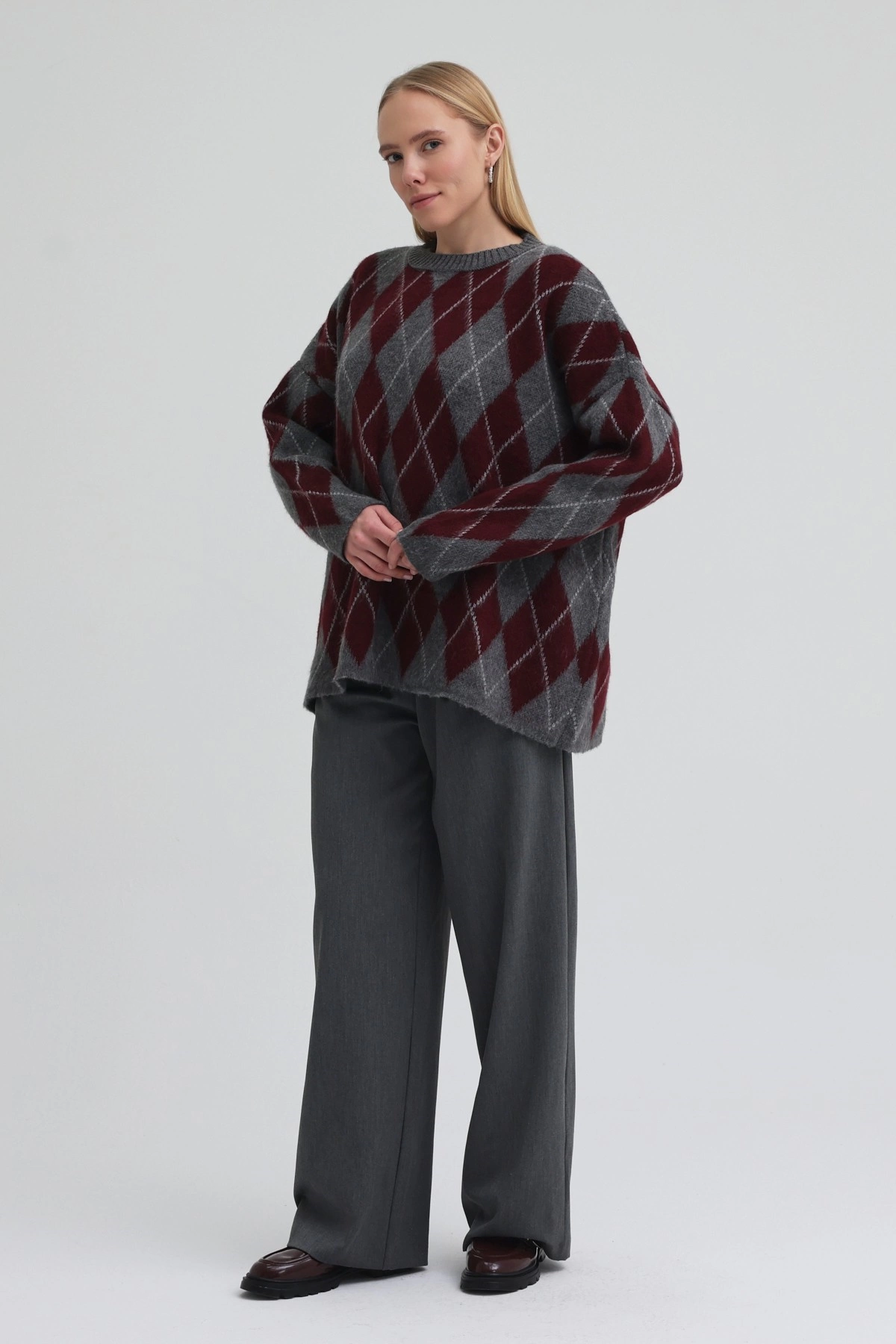 Qanu Argyle Triko Kazak Bordo - Tesettür Giyim