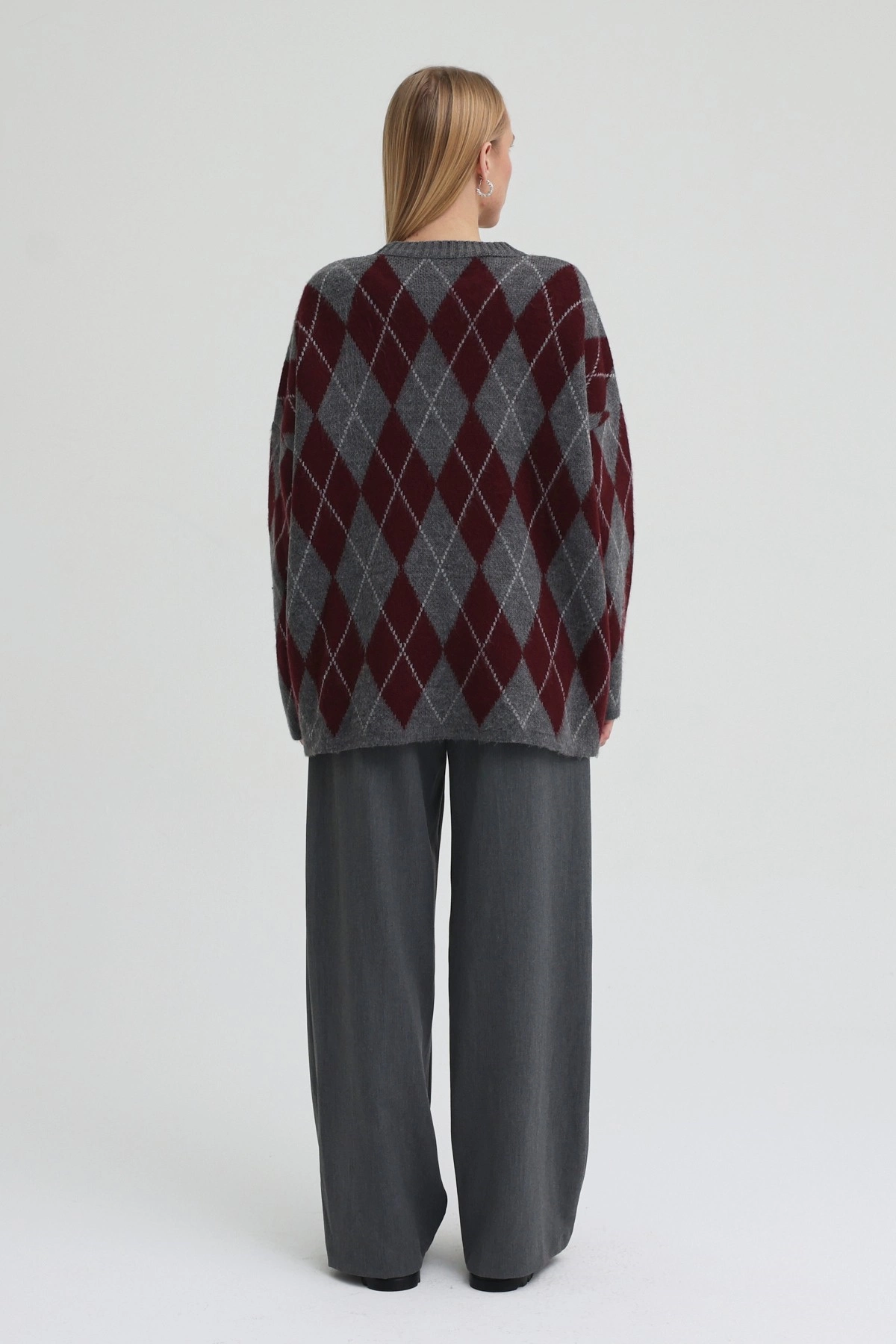 Qanu Argyle Triko Kazak Bordo - Tesettür Giyim