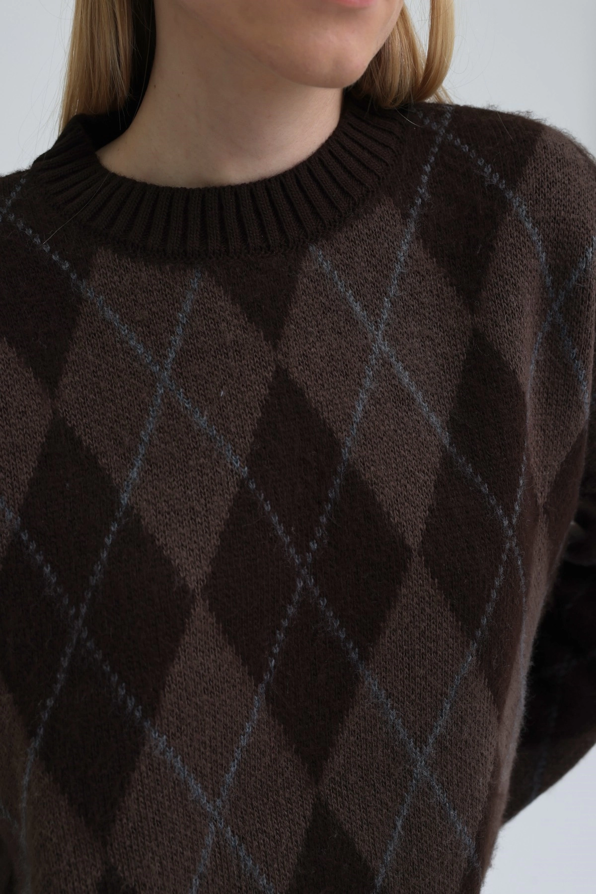 Qanu Argyle Triko Kazak Kahverengi  - Tesettür Giyim