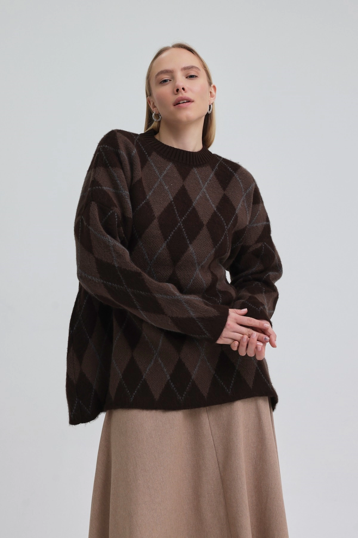 Qanu Argyle Triko Kazak Kahverengi  - Tesettür Giyim