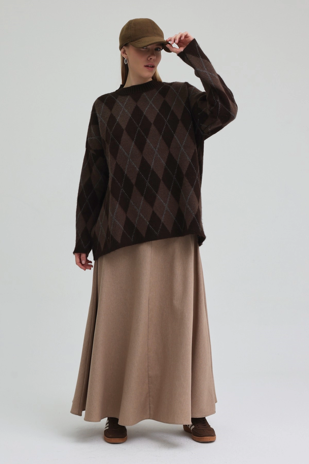 Qanu Argyle Triko Kazak Kahverengi  - Tesettür Giyim