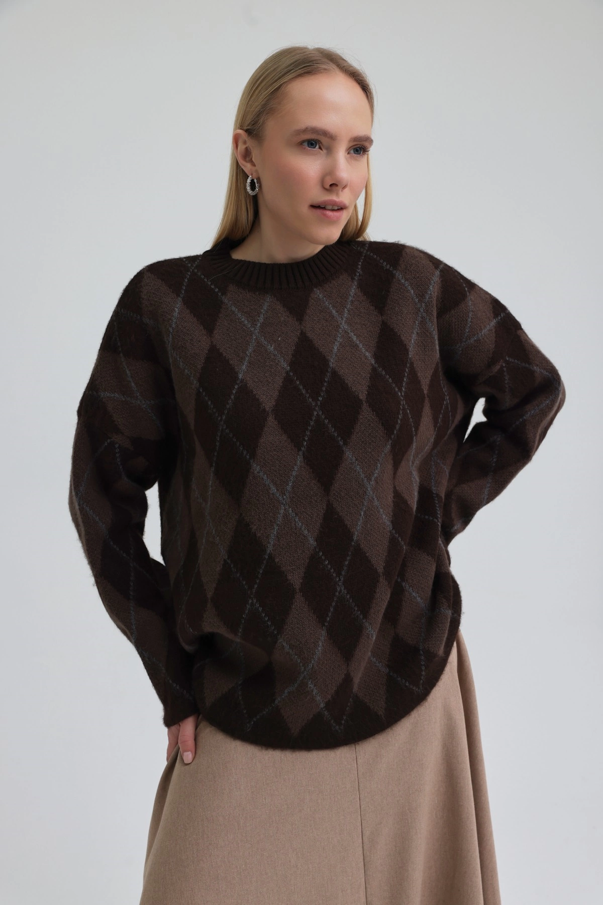 Qanu Argyle Triko Kazak Kahverengi  - Tesettür Giyim