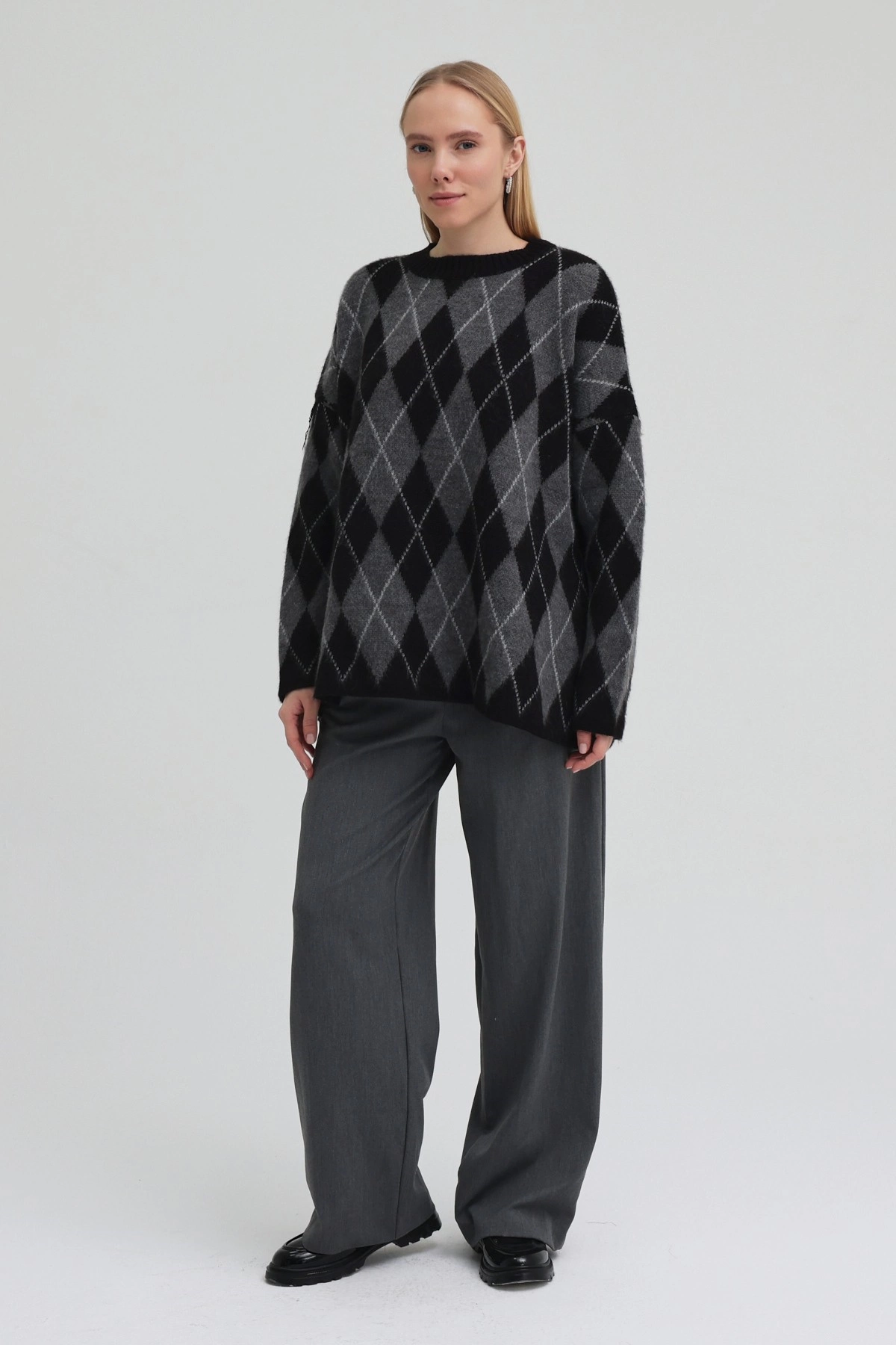 Qanu Argyle Triko Kazak Siyah  - Tesettür Giyim