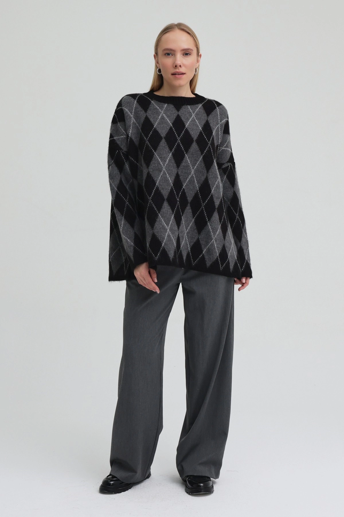 Qanu Argyle Triko Kazak Siyah  - Tesettür Giyim