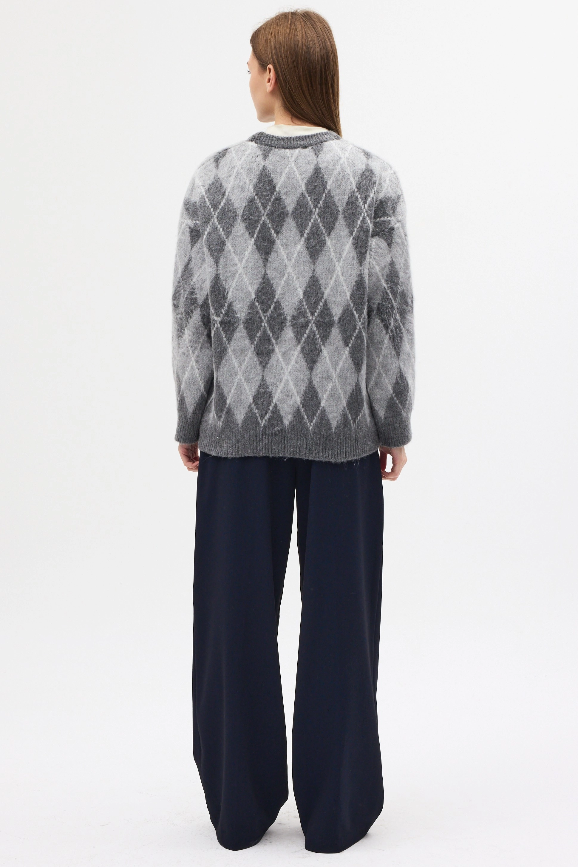 Qanu Baklava Desen Kazak Gri - Tesettür Giyim