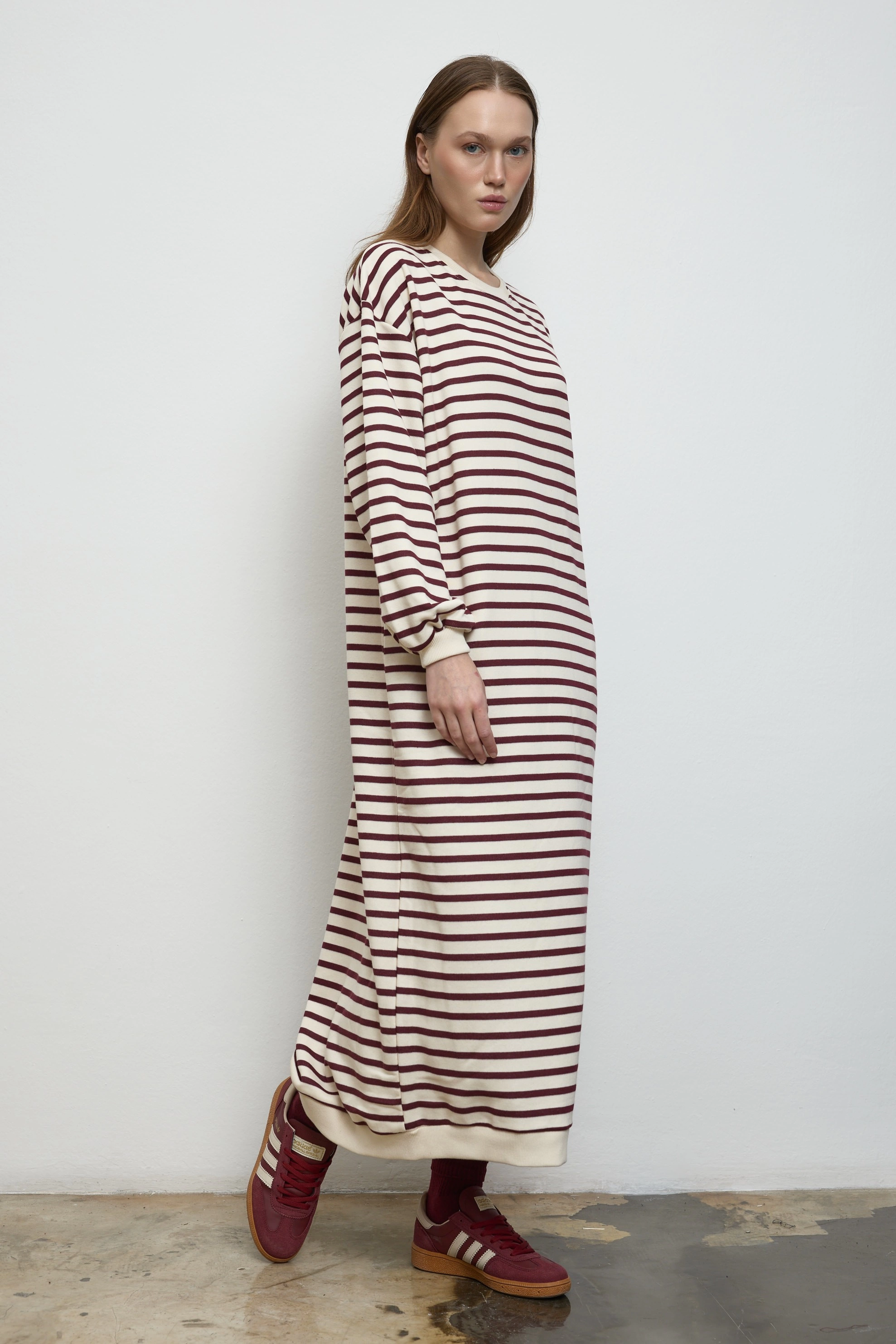 Qanu Basıc Çizgili Uzun Sweatshirt Bordo