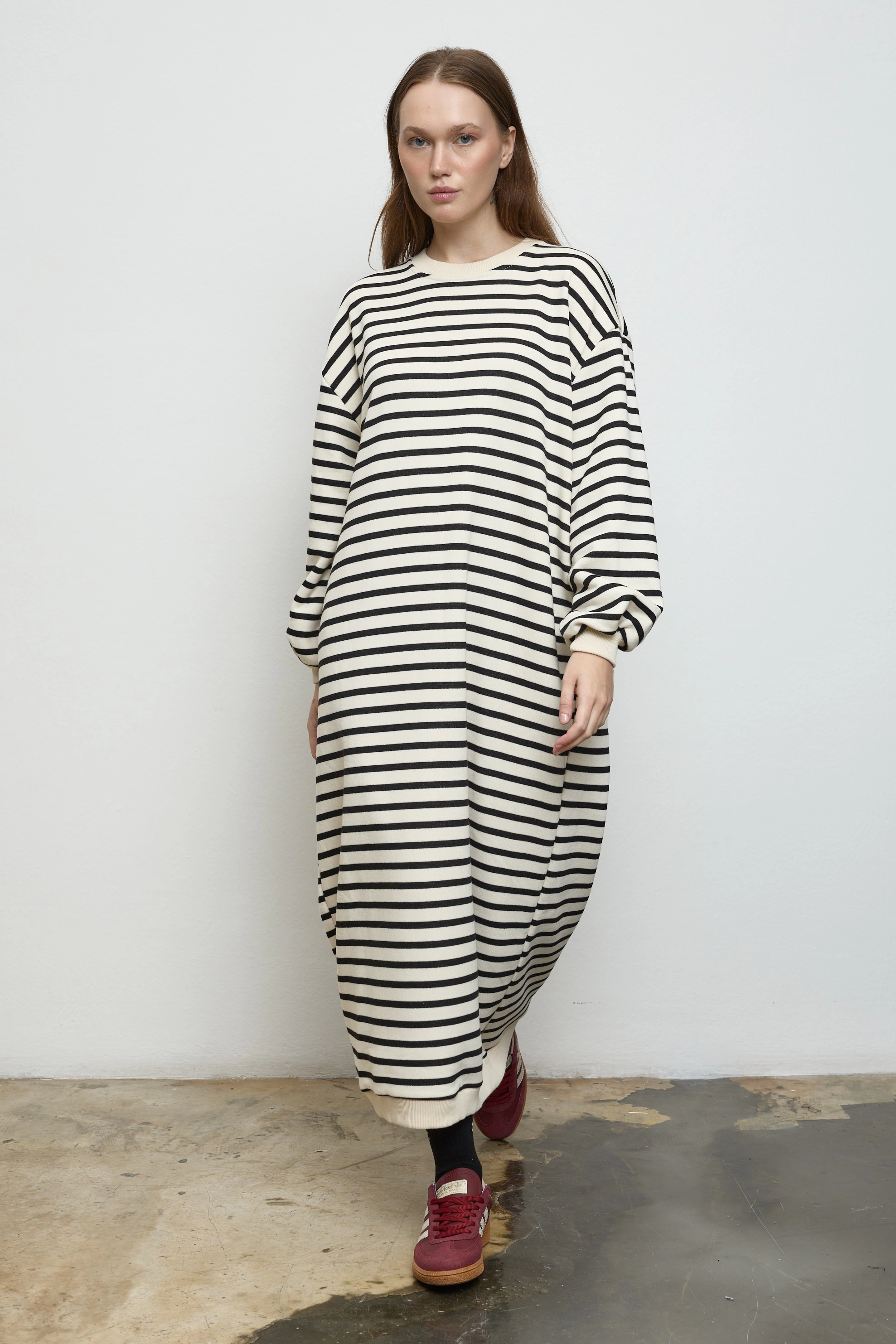 Qanu Basıc Çizgili Uzun Sweatshirt Siyah