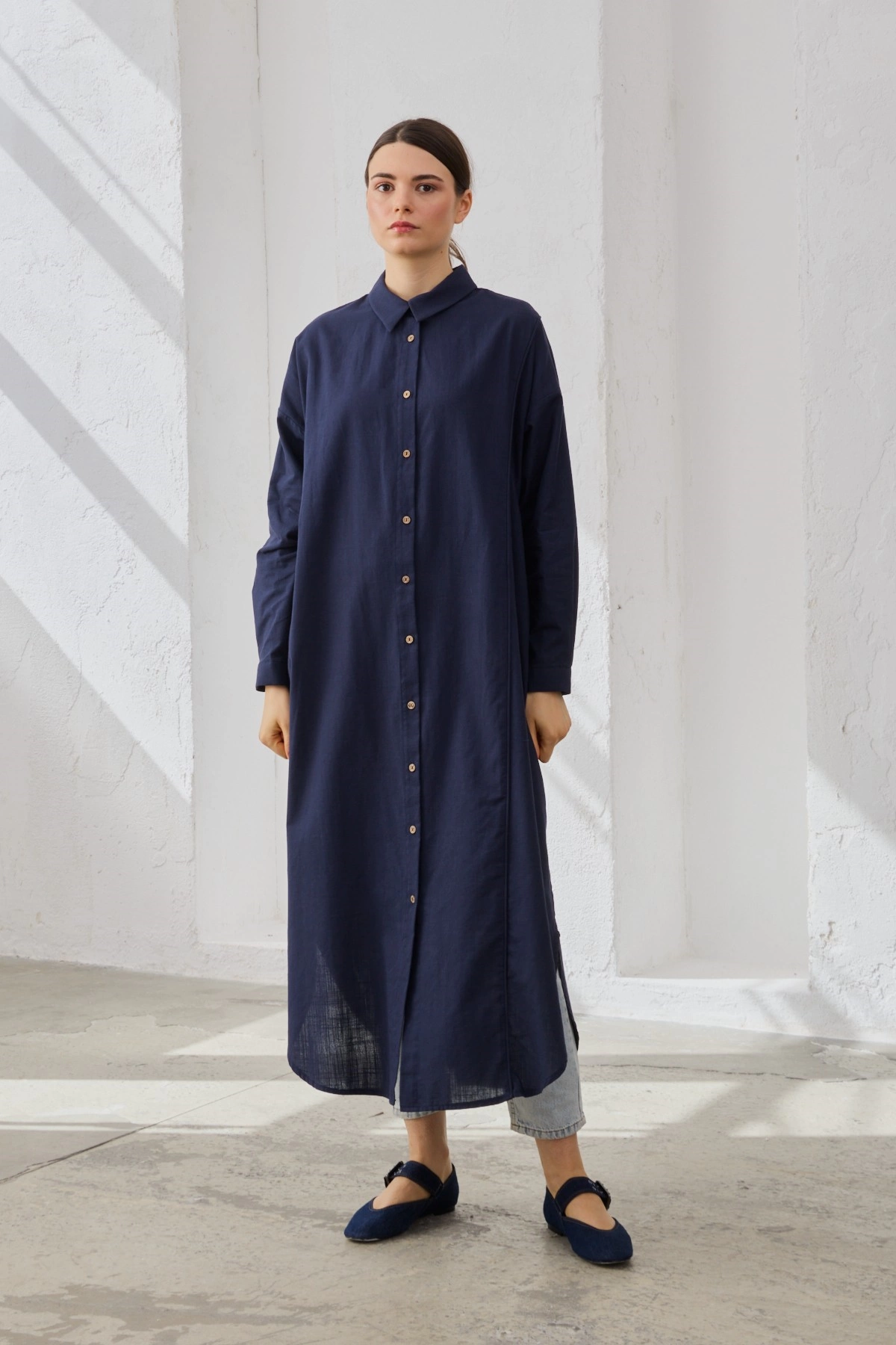 Qanu Biye Detaylı Pamuklu Gömlek Lacivert