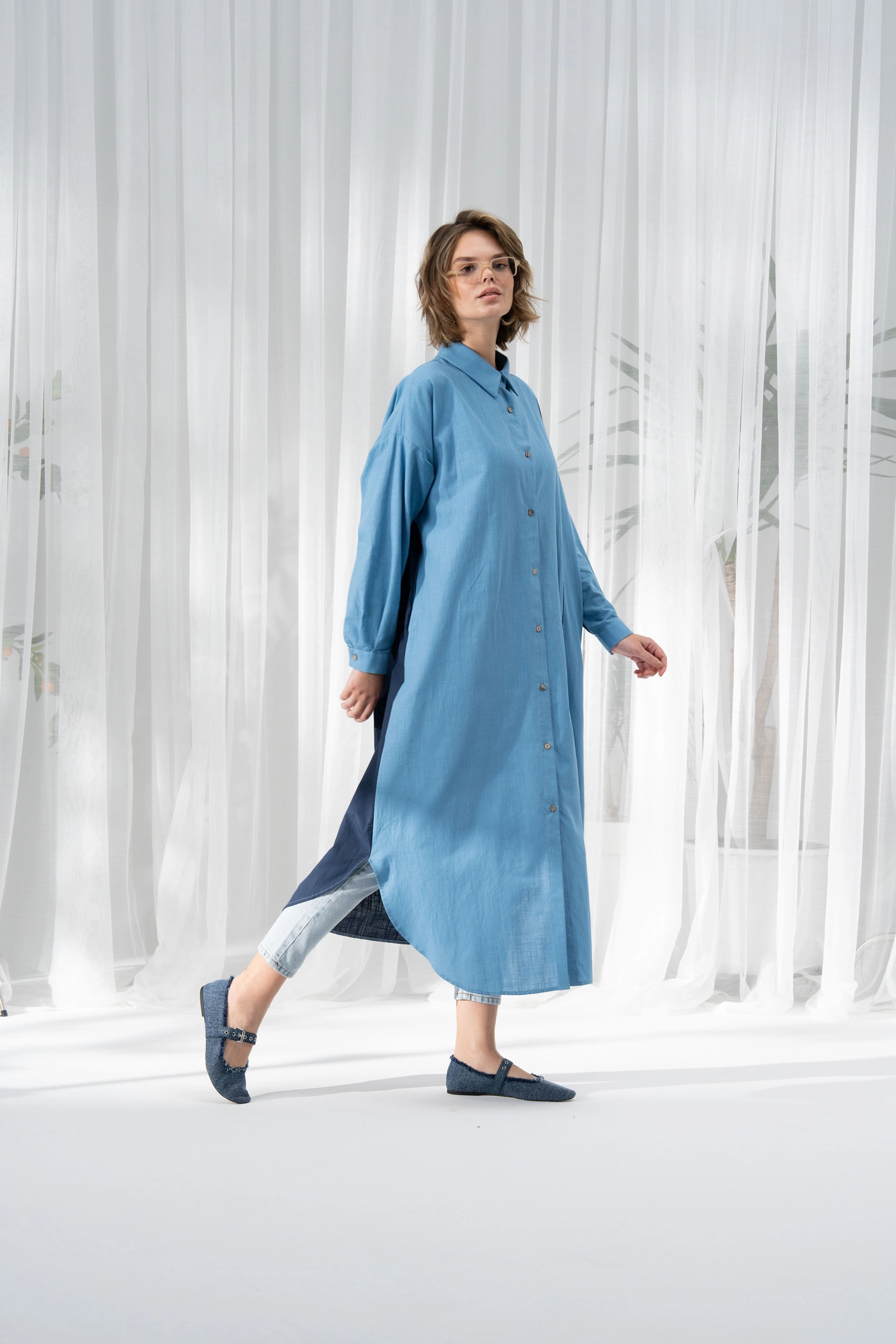 Qanu Biye Detaylı Pamuklu Gömlek Mavi-Lacivert