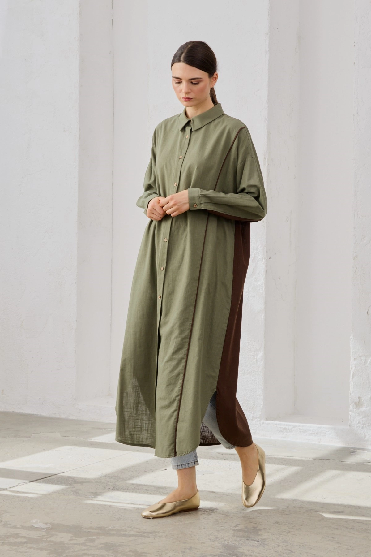 Qanu Biye Detaylı Pamuklu Gömlek Yeşil-Kahve