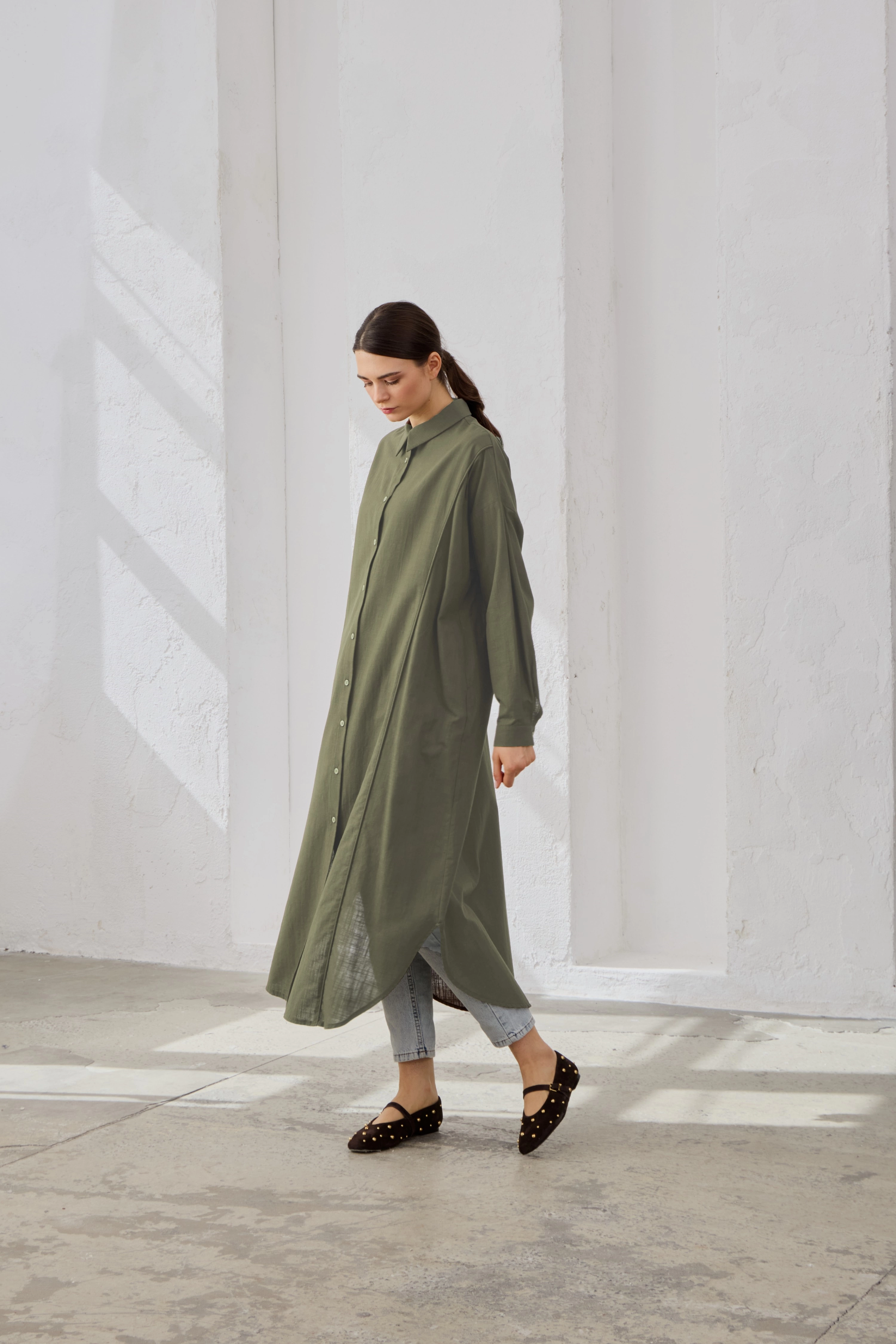 Qanu Biye Detaylı Pamuklu Gömlek Yeşil 