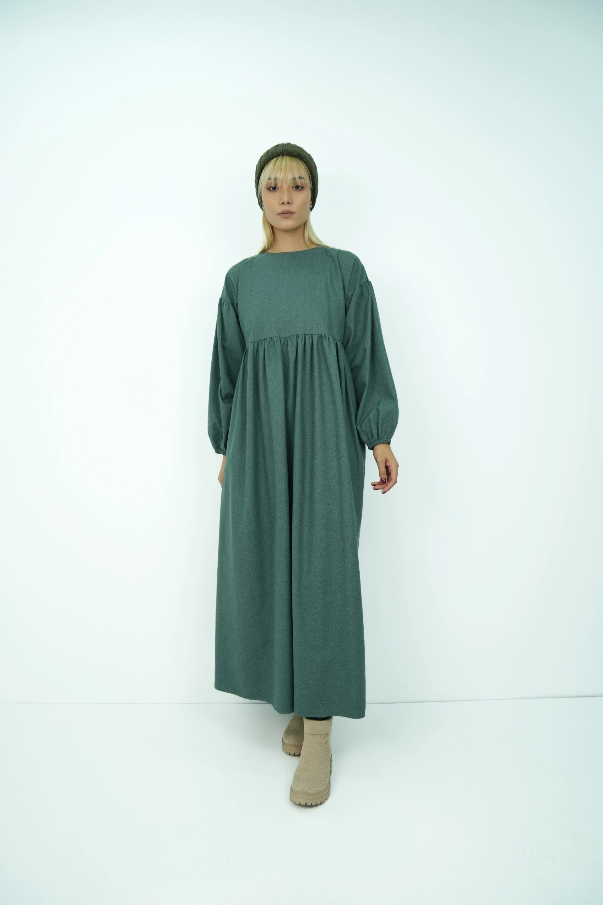 Qanu Büzgülü Pamuklu Elbise Yeşil 