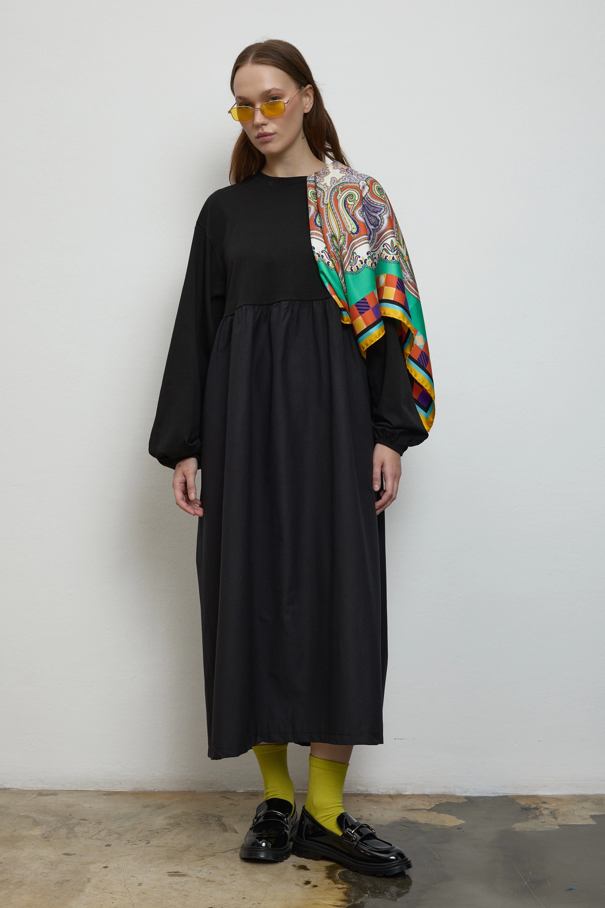 Qanu Büzgülü Sweat Elbise Siyah 