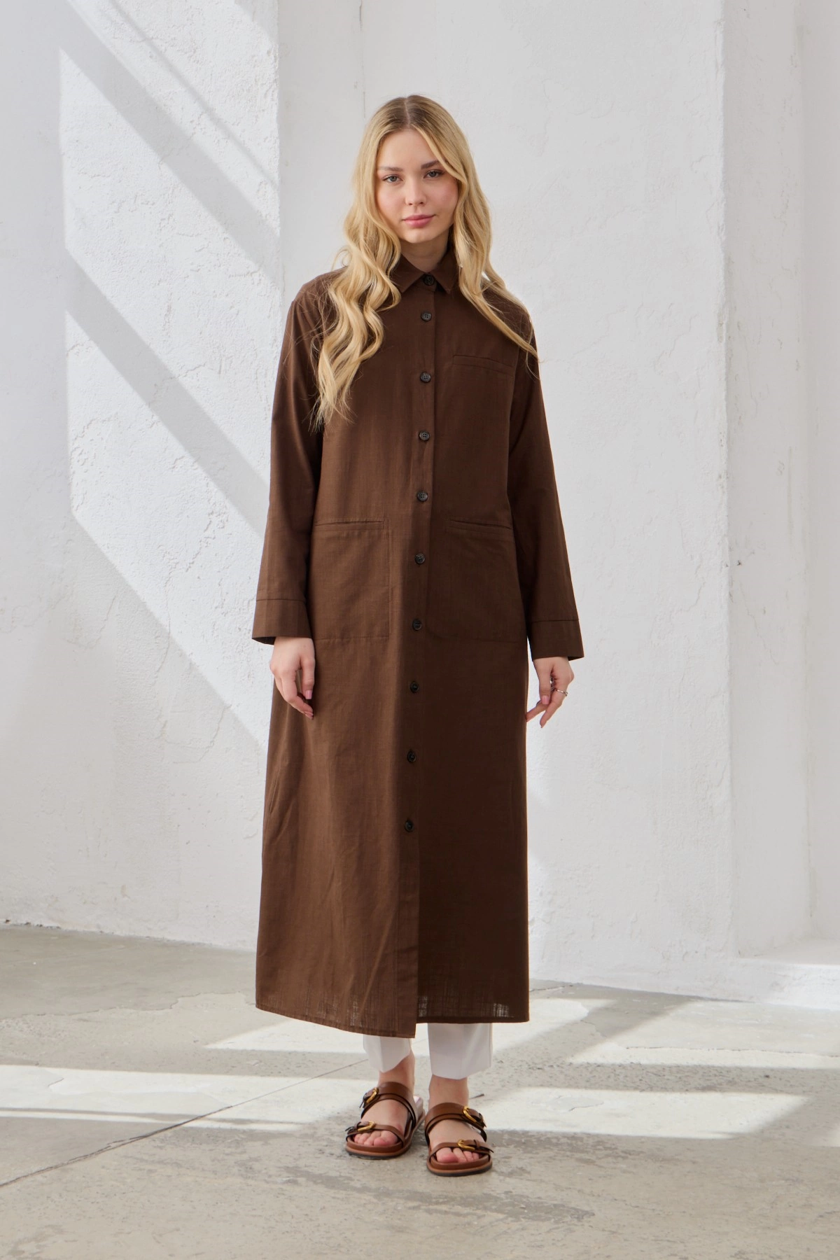 Qanu Cepli Keten Gömlek Kahverengi