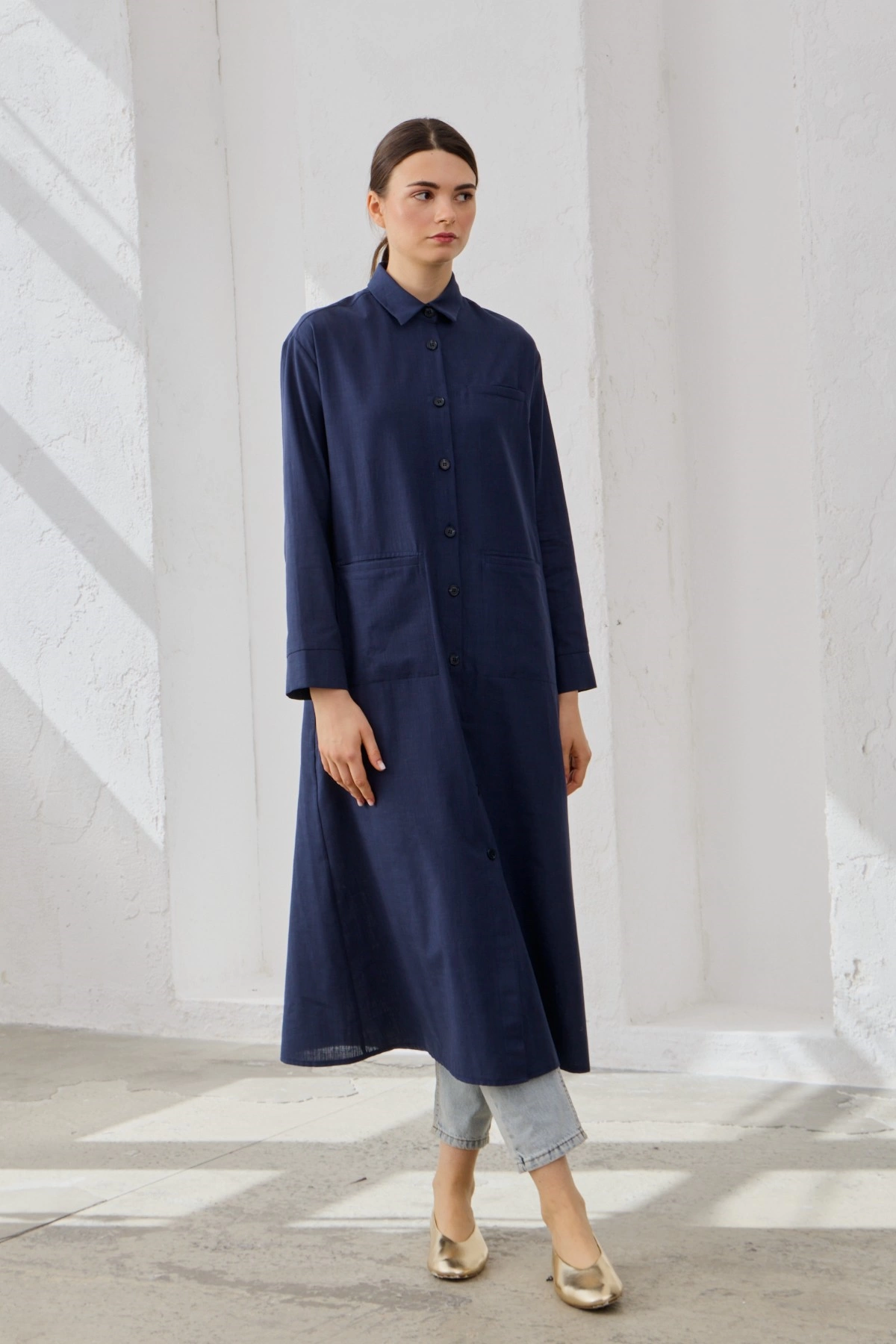 Qanu Cepli Keten Gömlek Lacivert