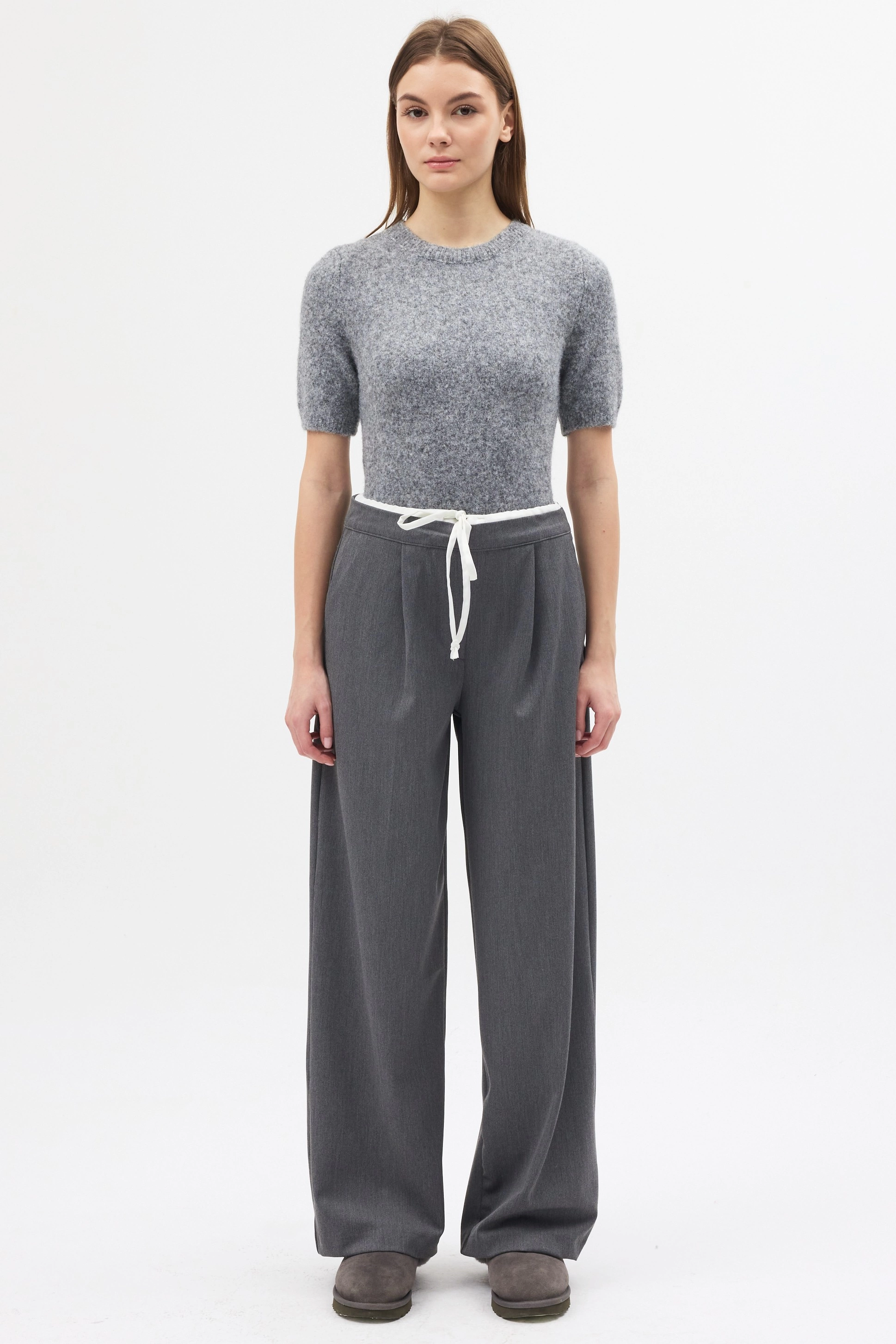 Qanu Çift Bel Detaylı Pantolon Gri