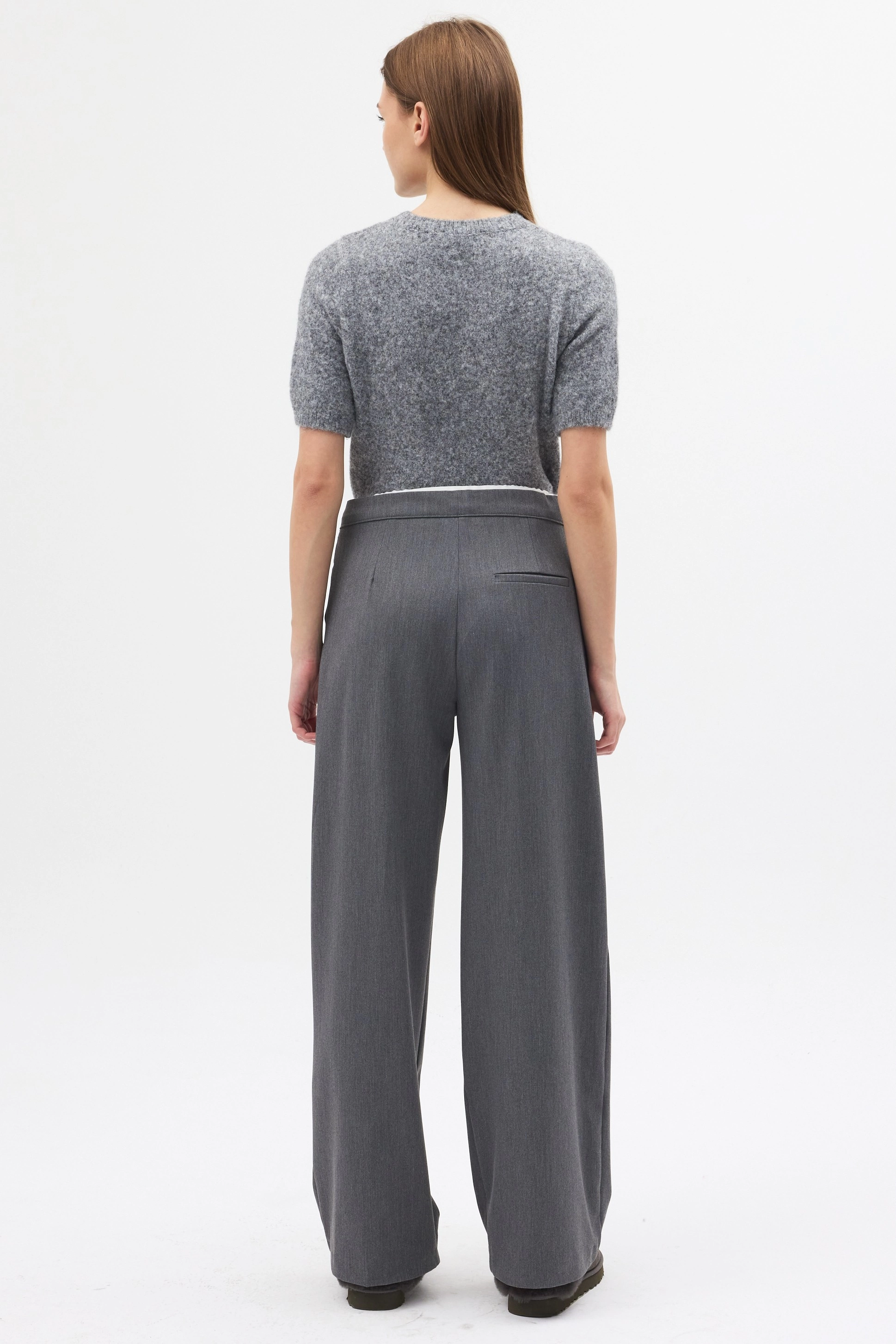 Qanu Çift Bel Detaylı Pantolon Gri - Tesettür Giyim