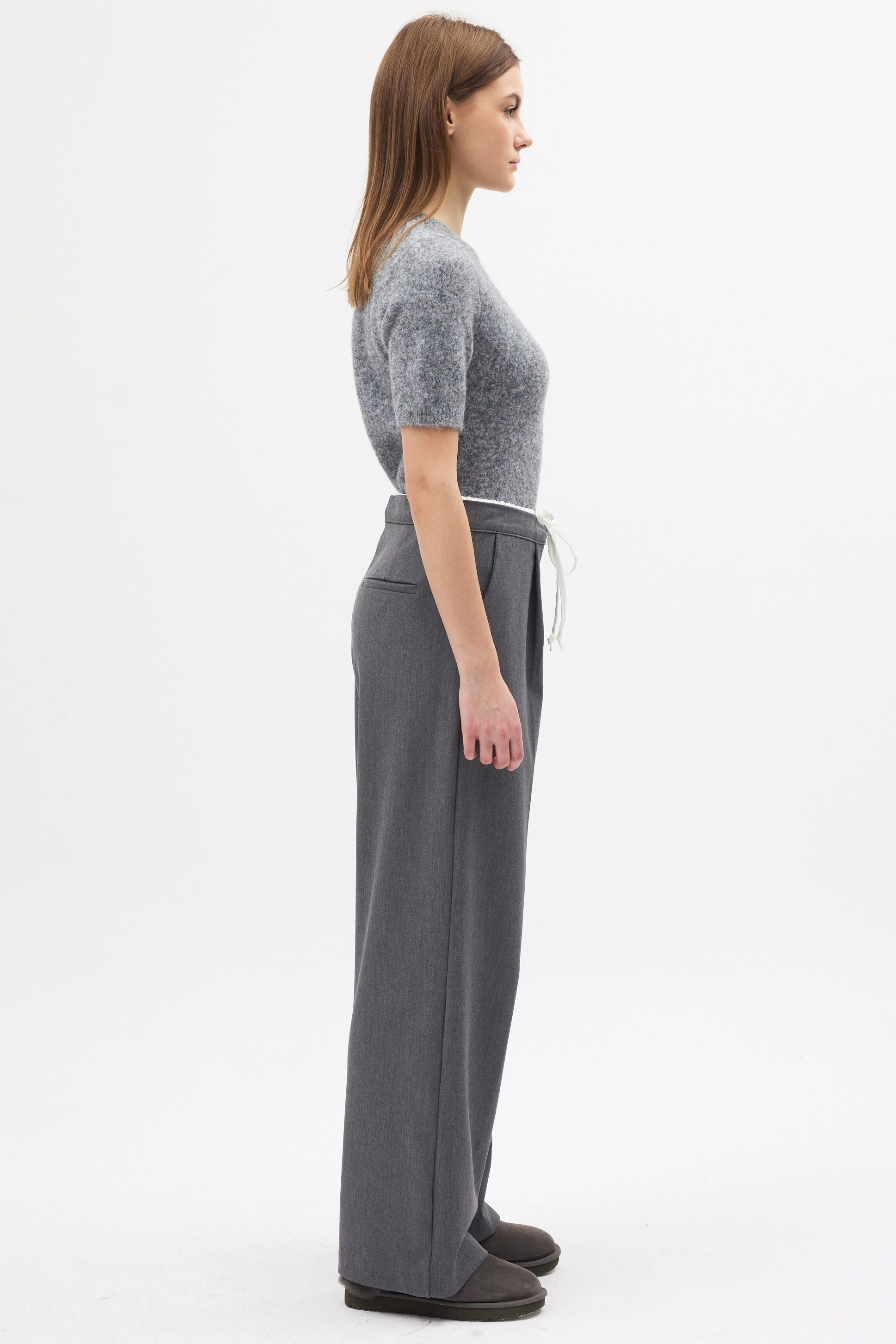 Qanu Çift Bel Detaylı Pantolon Gri - Tesettür Giyim