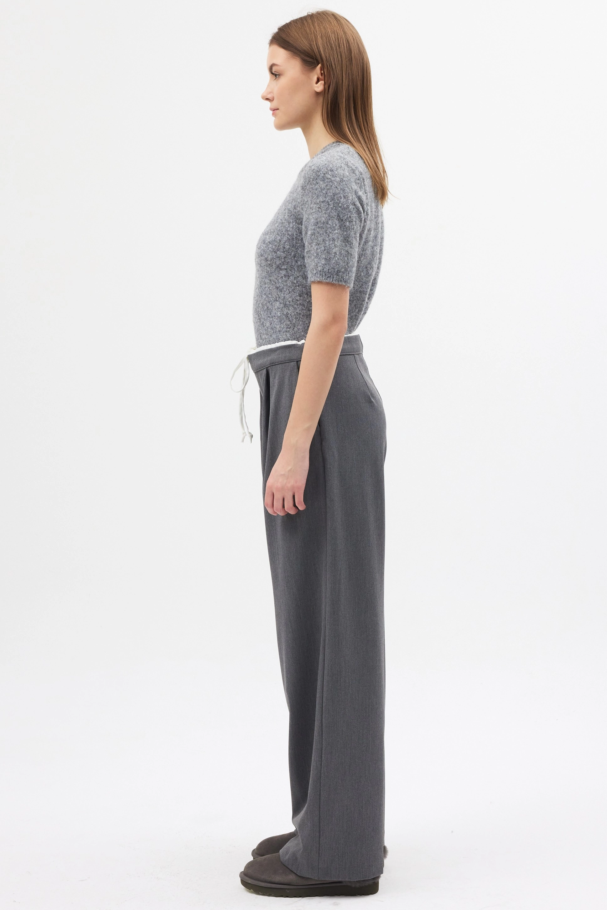 Qanu Çift Bel Detaylı Pantolon Gri - Tesettür Giyim