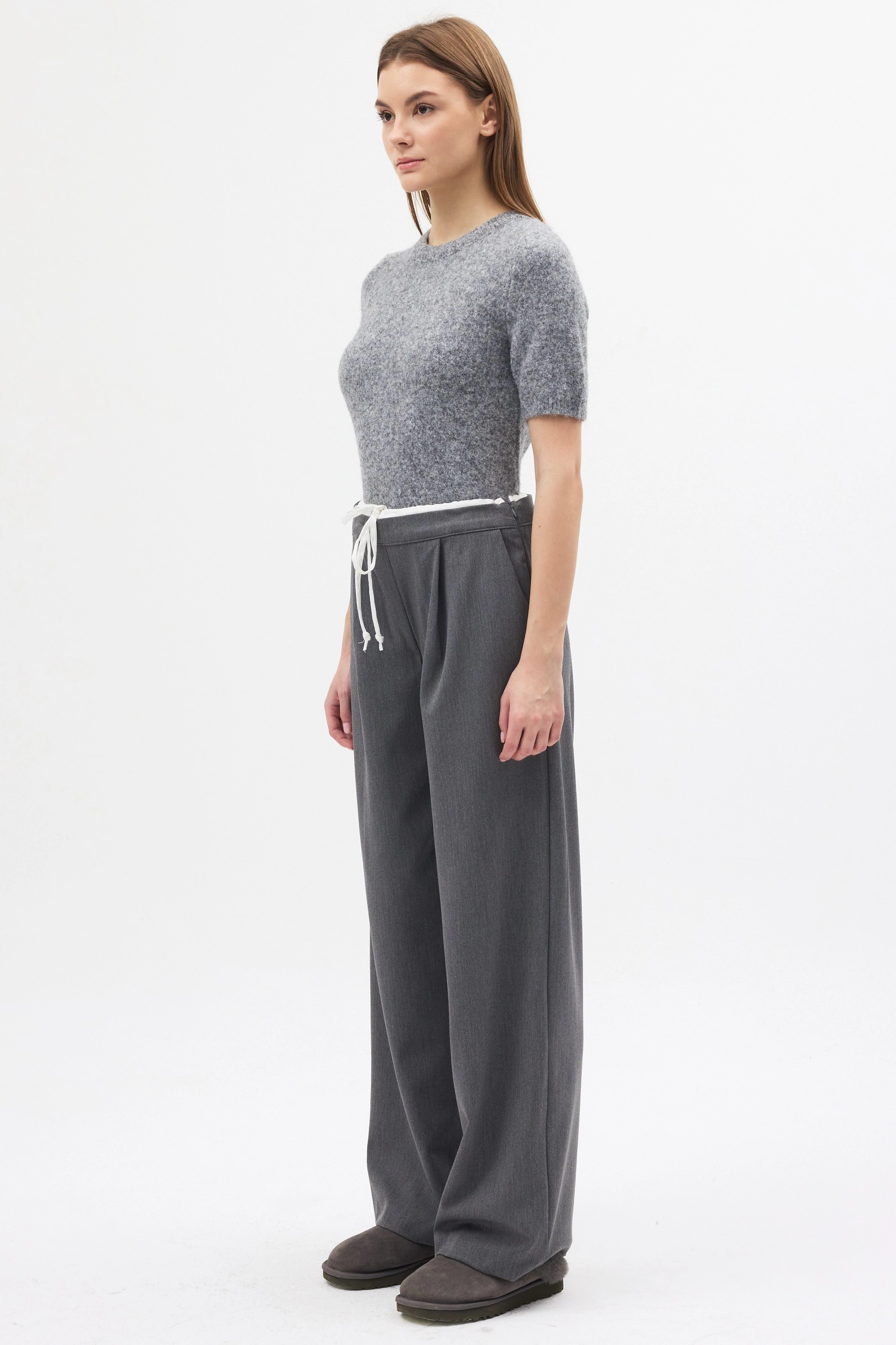 Qanu Çift Bel Detaylı Pantolon Gri - Tesettür Giyim