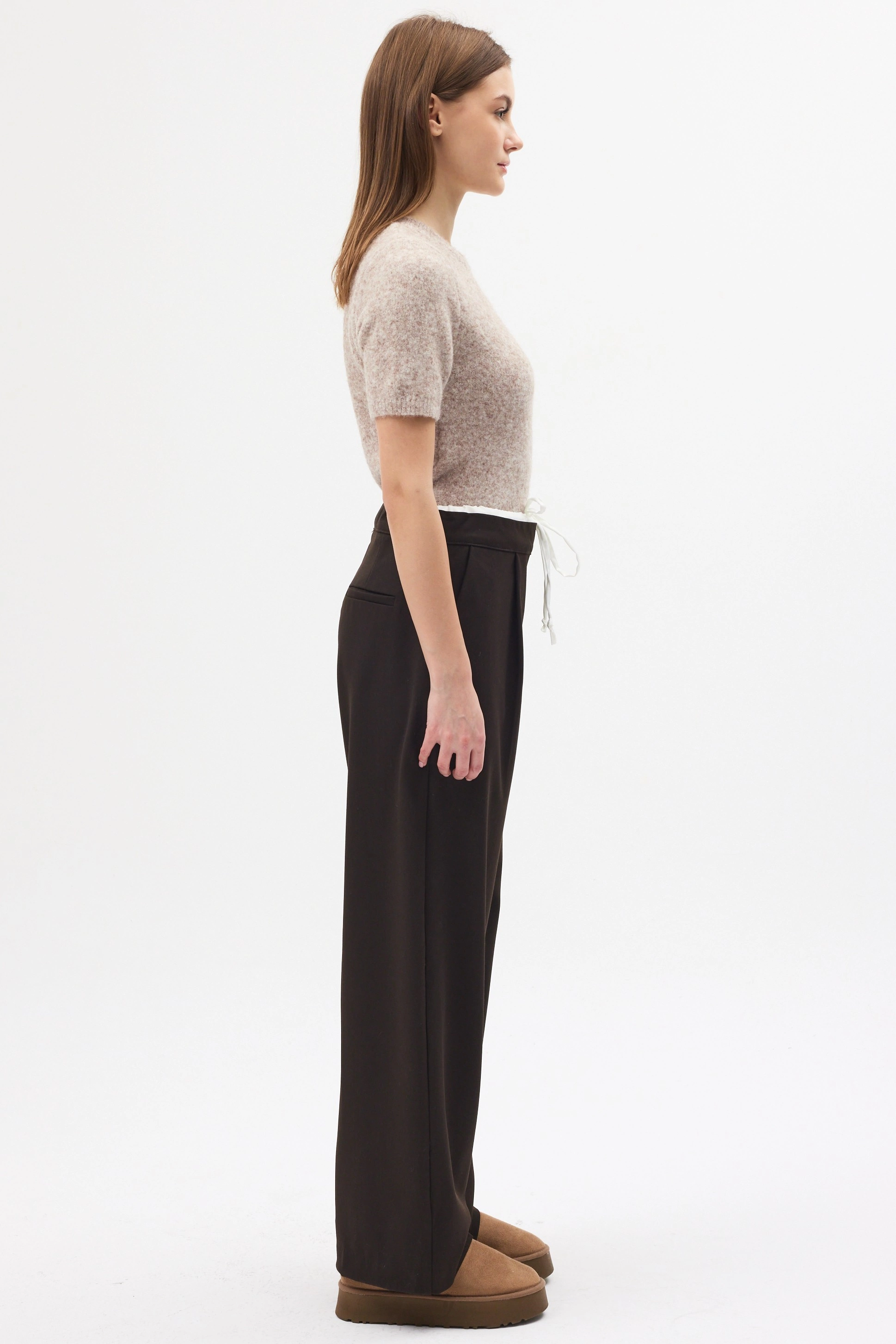 Qanu Çift Bel Detaylı Pantolon Kahverengi  - Tesettür Giyim