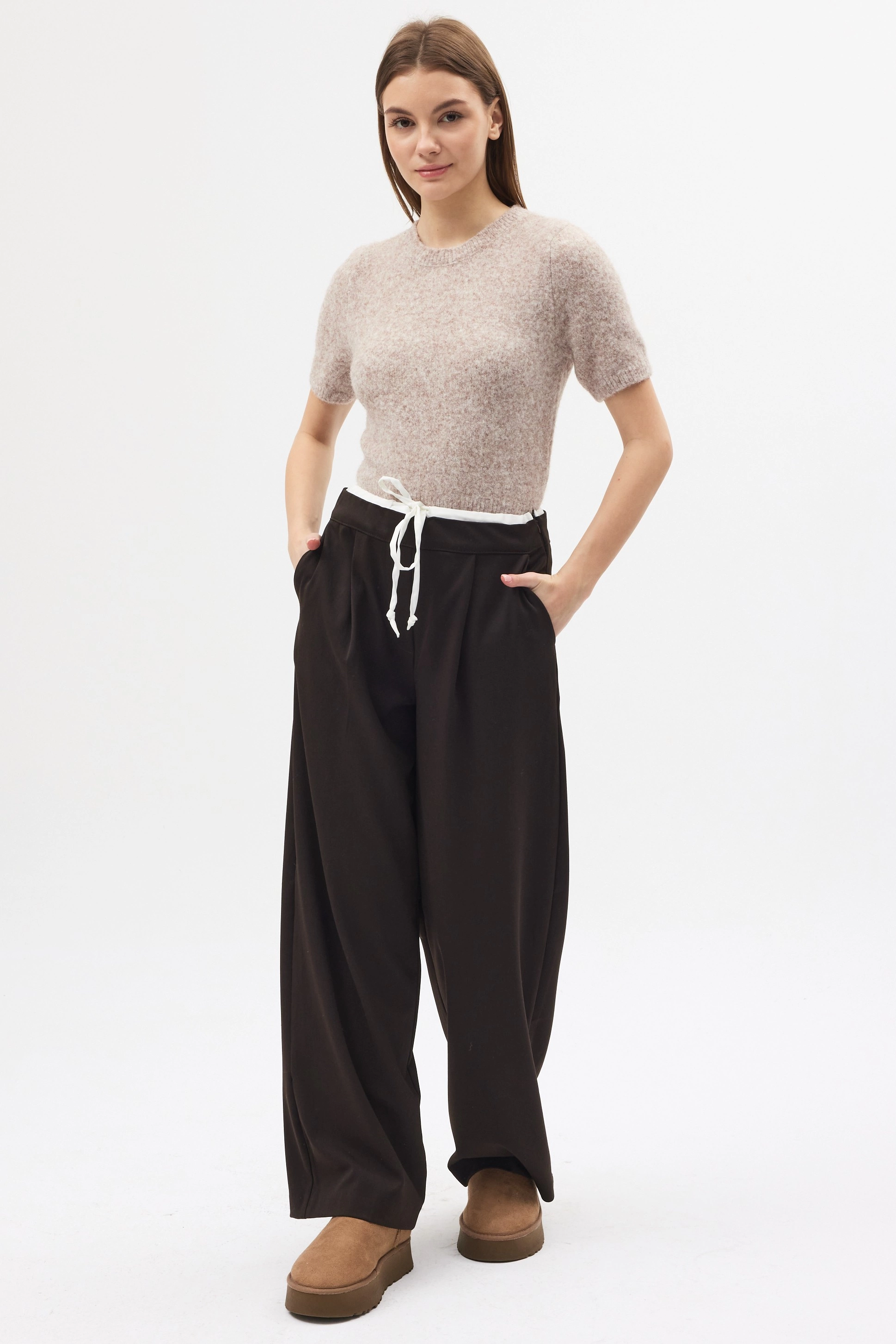 Qanu Çift Bel Detaylı Pantolon Kahverengi  - Tesettür Giyim