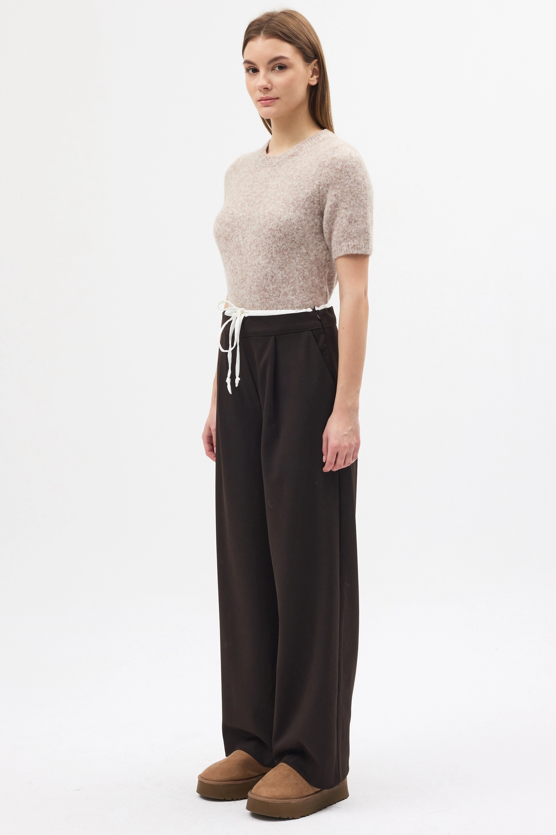 Qanu Çift Bel Detaylı Pantolon Kahverengi  - Tesettür Giyim