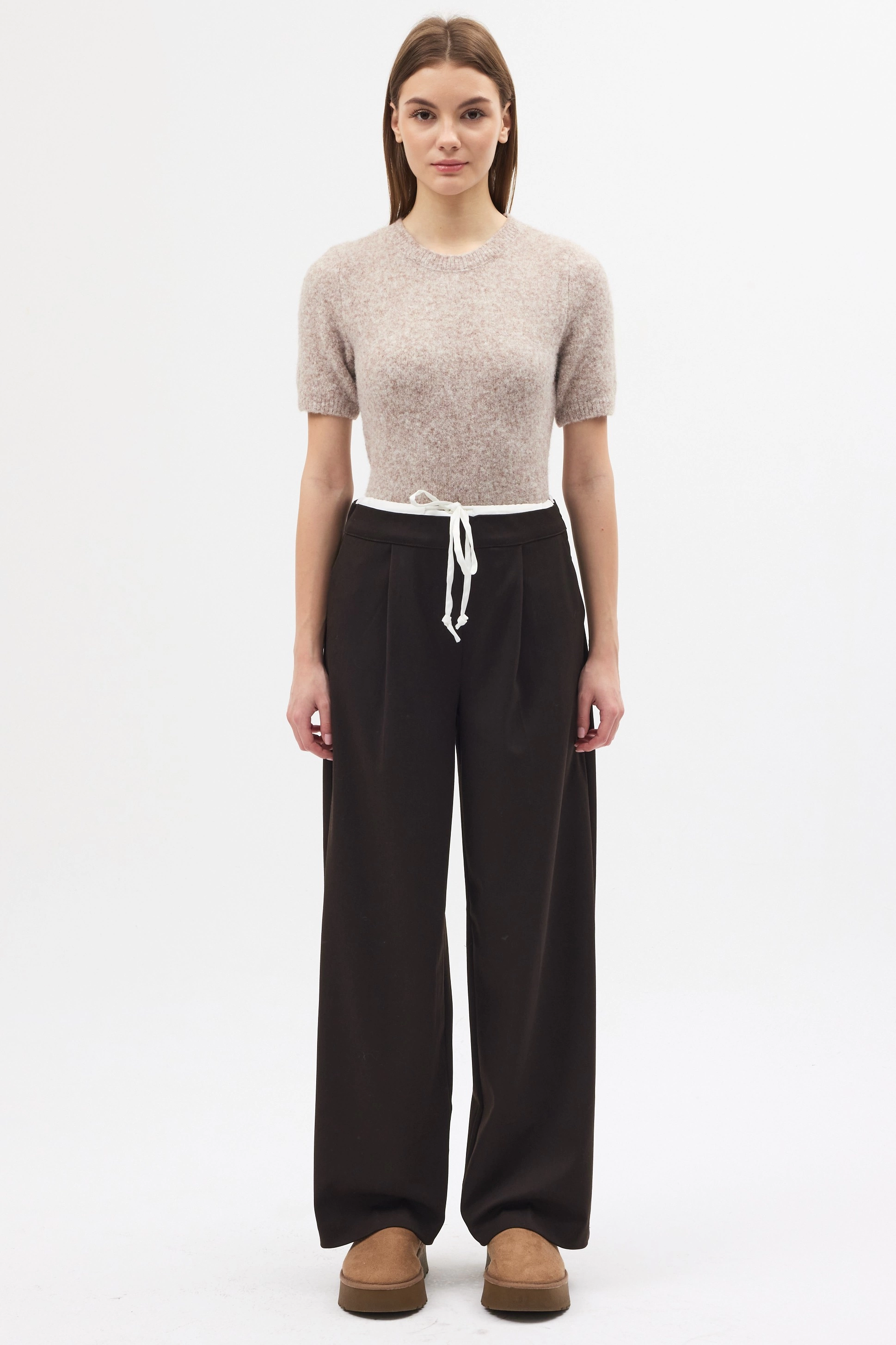 Qanu Çift Bel Detaylı Pantolon Kahverengi  - Tesettür Giyim