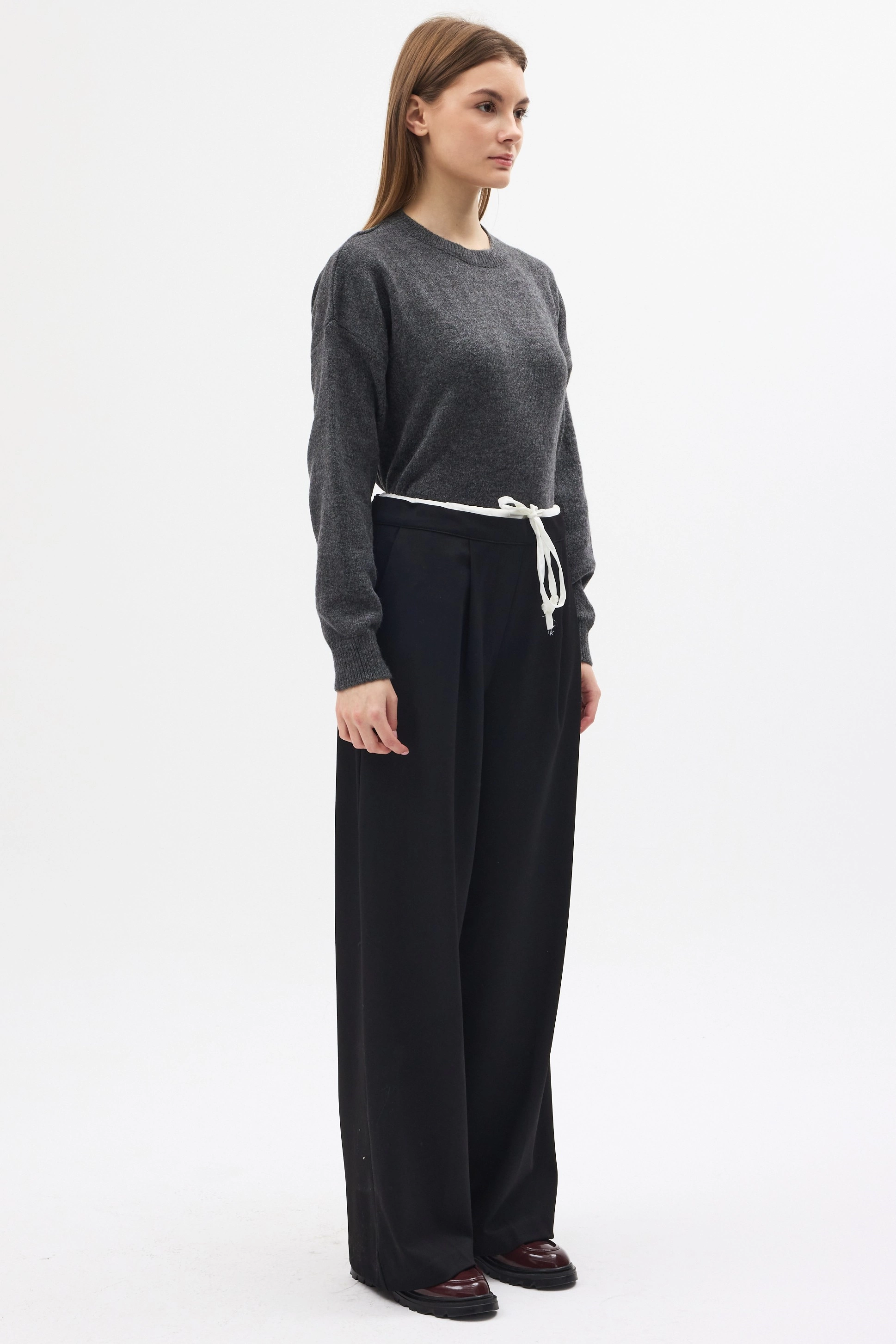 Qanu Çift Bel Detaylı Pantolon Siyah - Tesettür Giyim