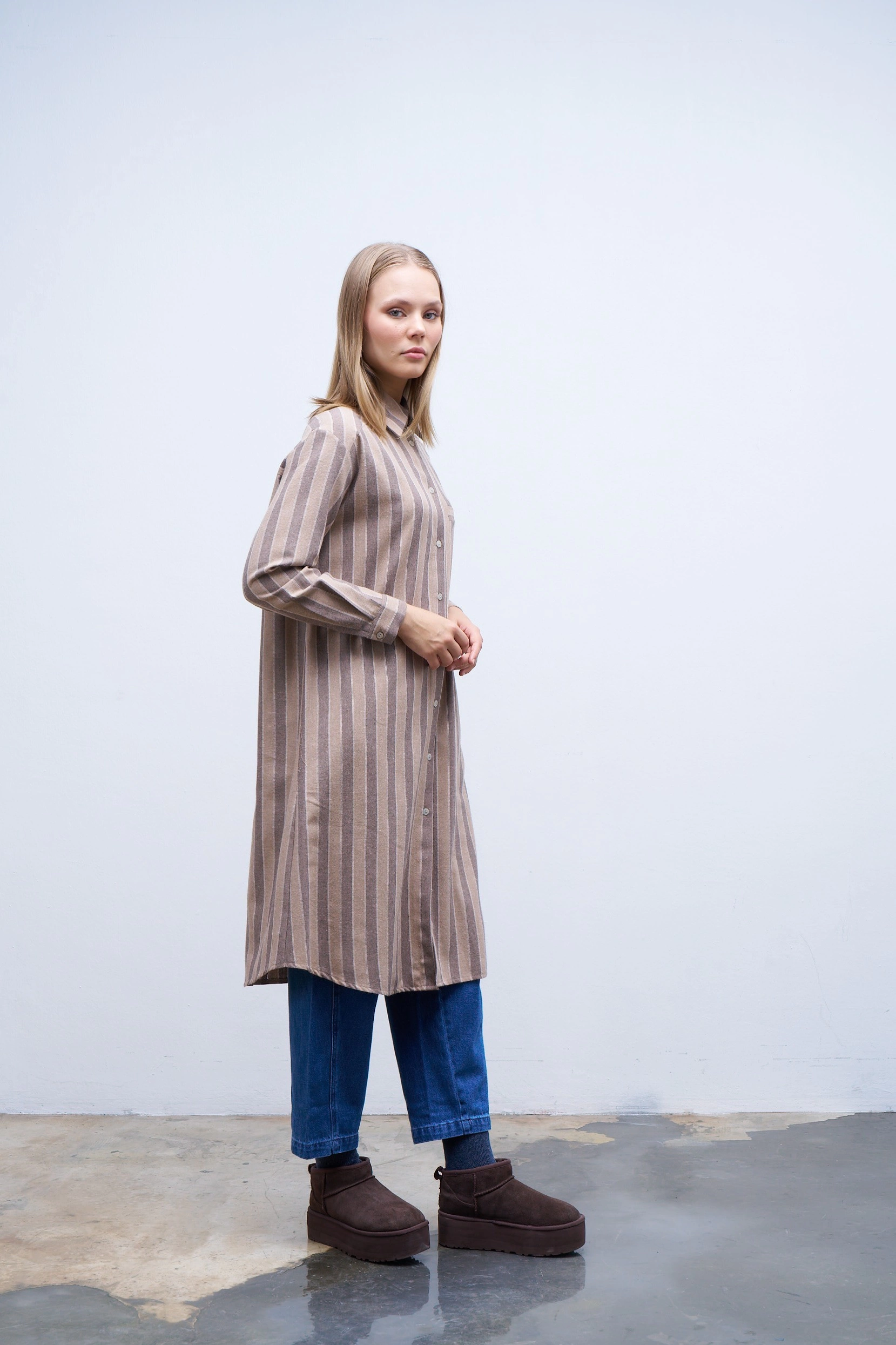 Qanu Çizgili Gömlek Vizon 