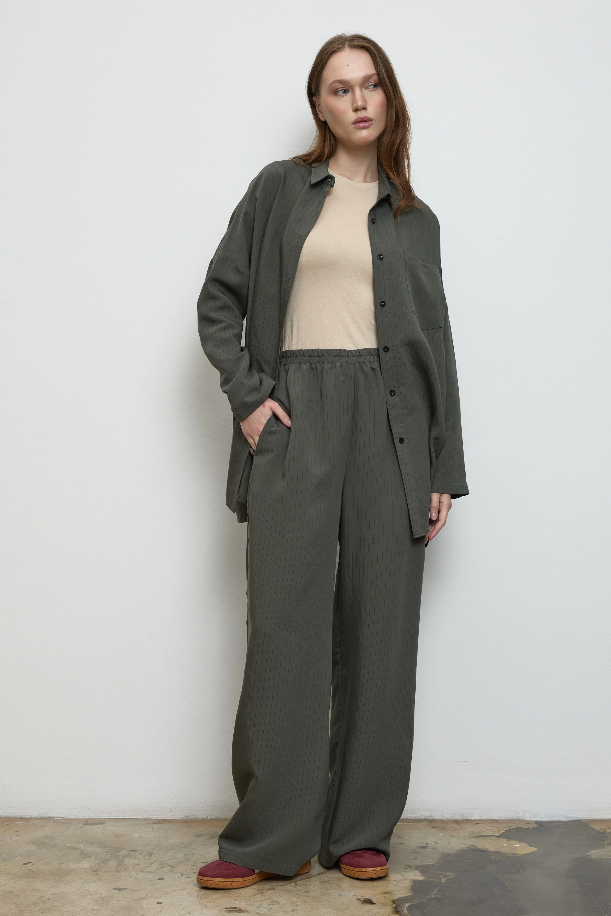 Qanu Çizgili Modal Takım Yeşil