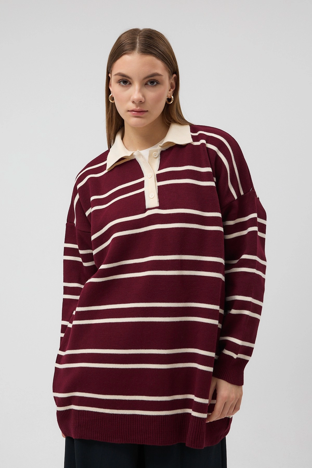 Qanu Çizgili Triko Bordo 