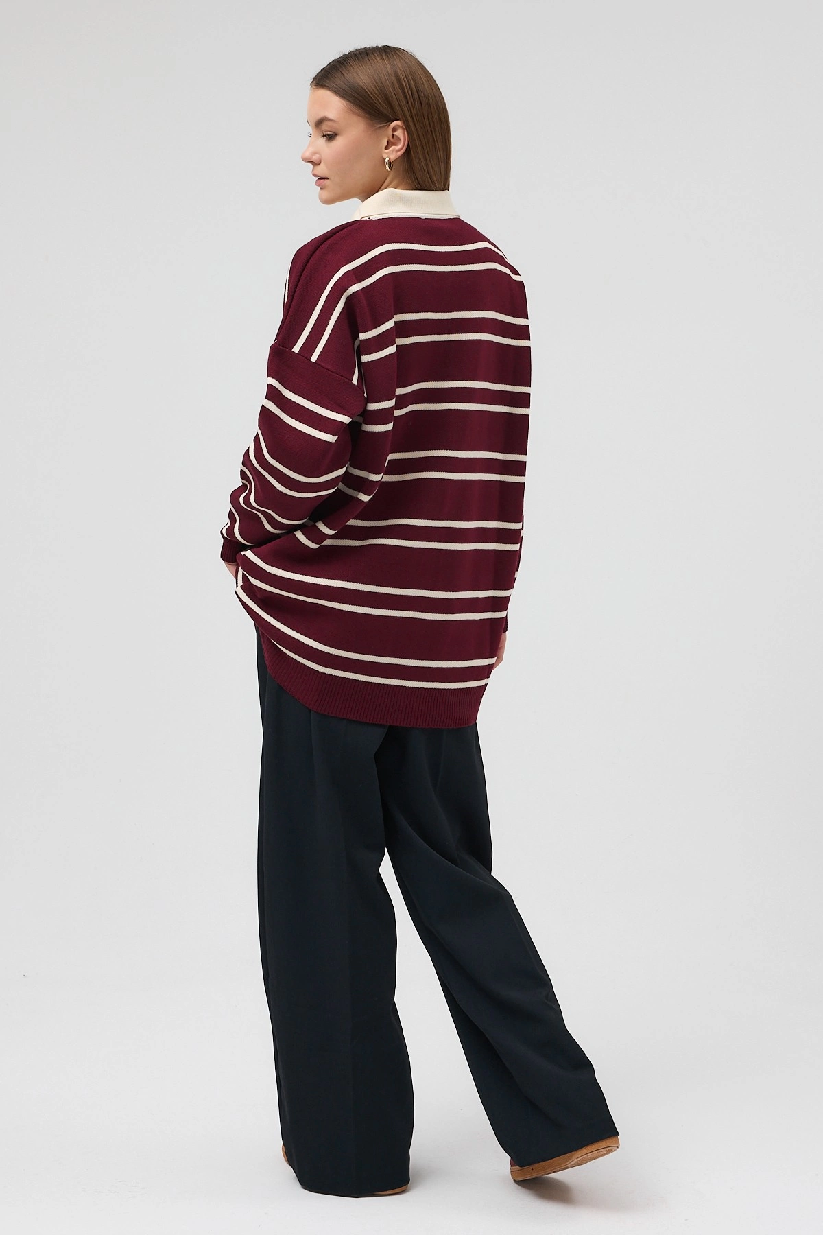 Qanu Çizgili Triko Bordo  - Tesettür Giyim