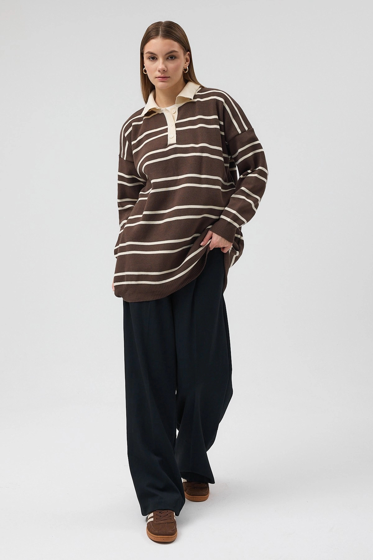 Qanu Çizgili Triko Kahverengi - Tesettür Giyim