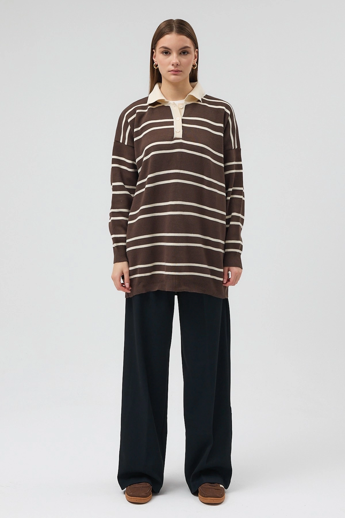 Qanu Çizgili Triko Kahverengi