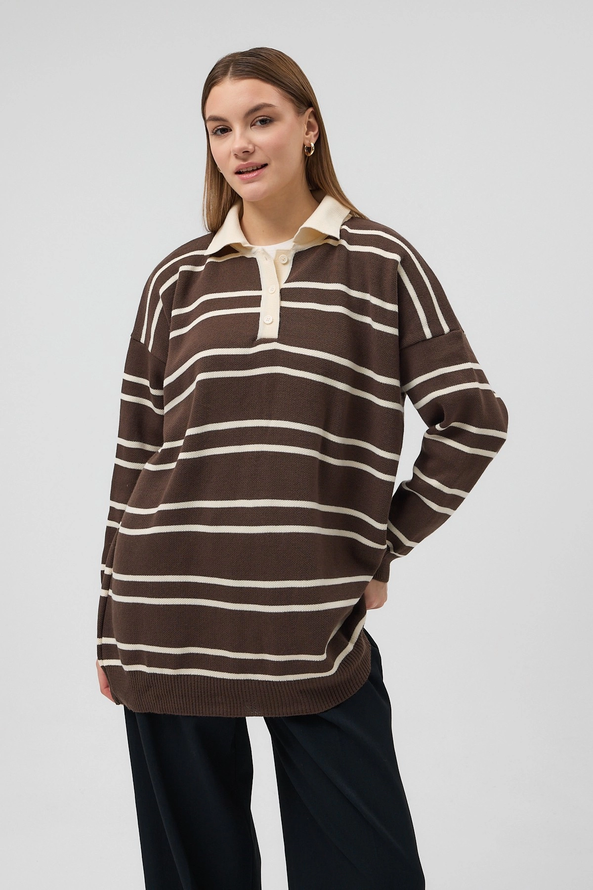 Qanu Çizgili Triko Kahverengi - Tesettür Giyim