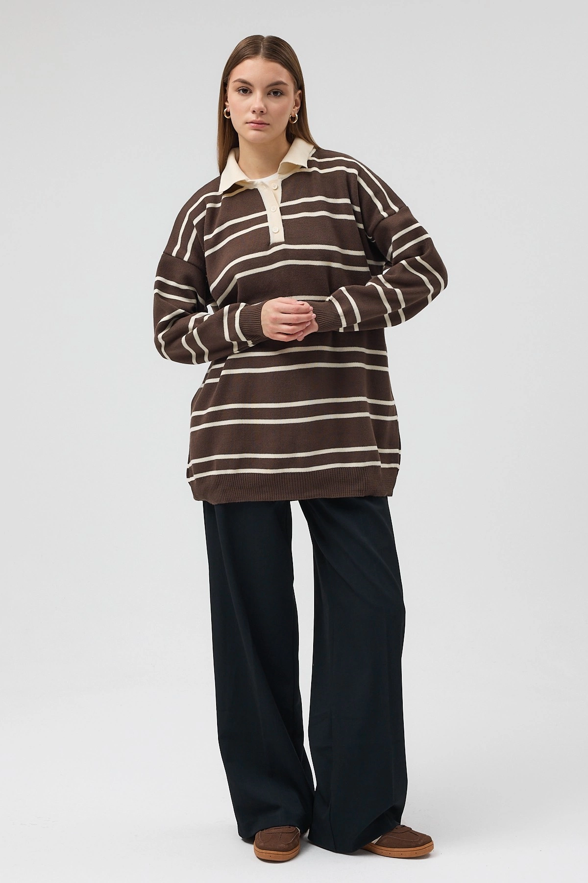 Qanu Çizgili Triko Kahverengi - Tesettür Giyim